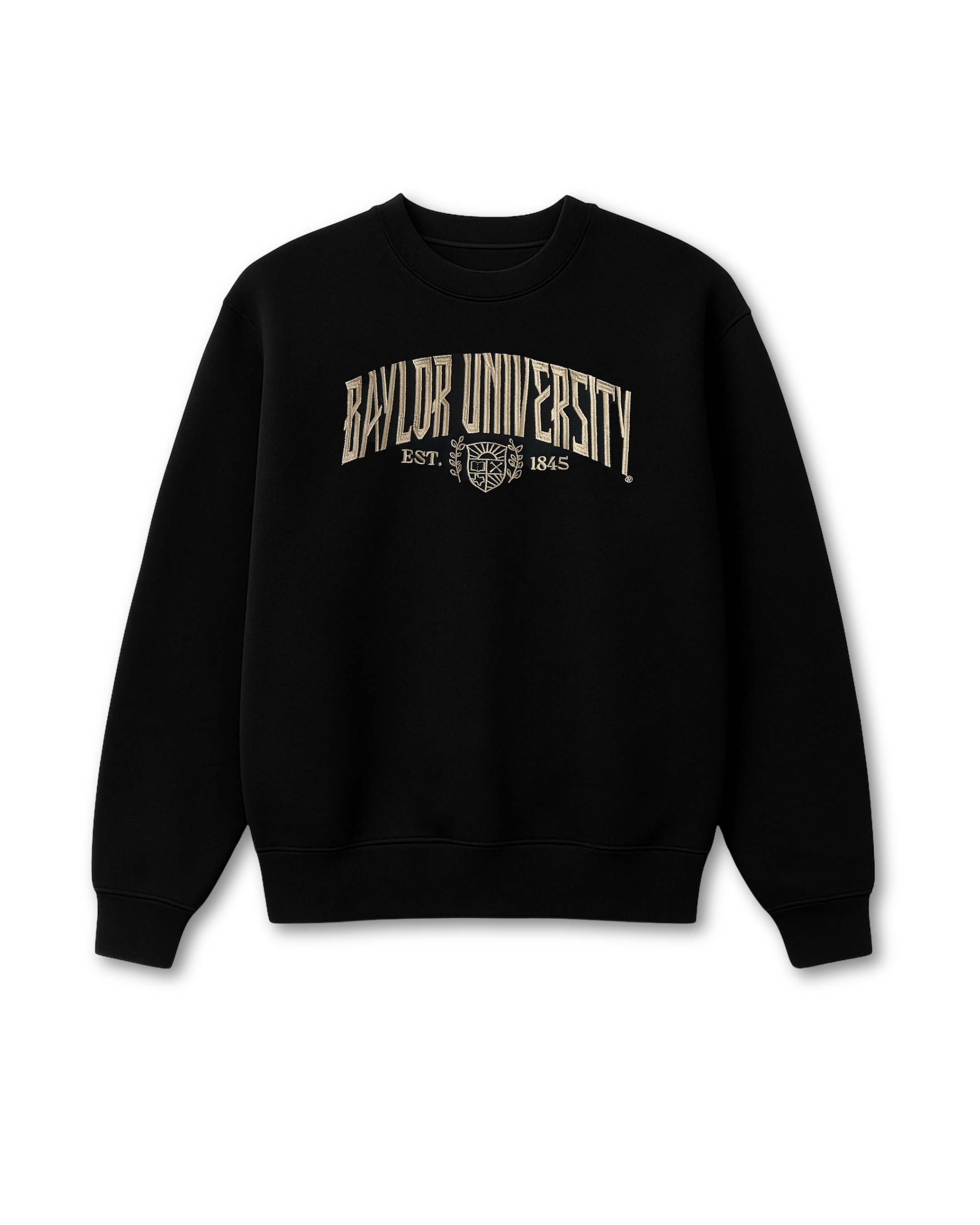 Black embroidered sweatshirt with 'Baylor University' text on a white background