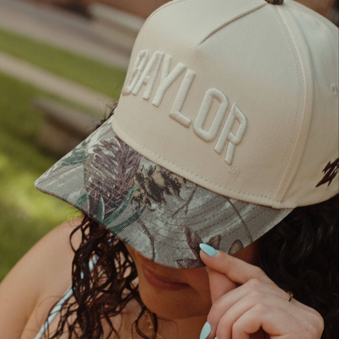 Baylor Bears Texas camo hat lifestyle — Baylor game day cap with camo brim, front view