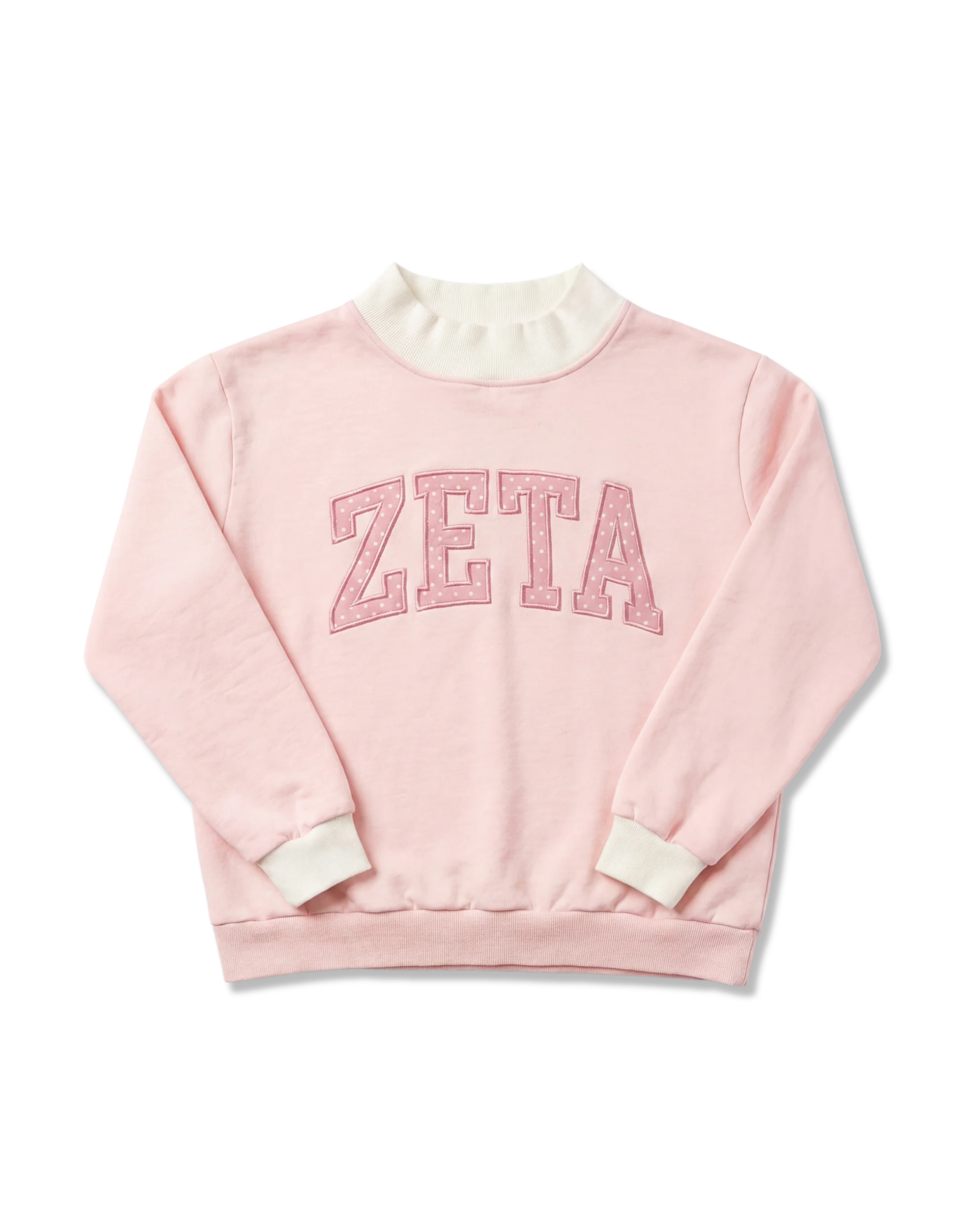 Zeta Mockneck Top front on white background, dusty-pink sweatshirt with cream mockneck collar