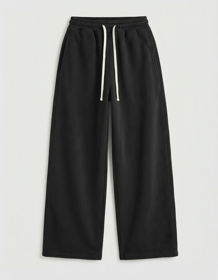 Black pants with a drawstring on a light gray background