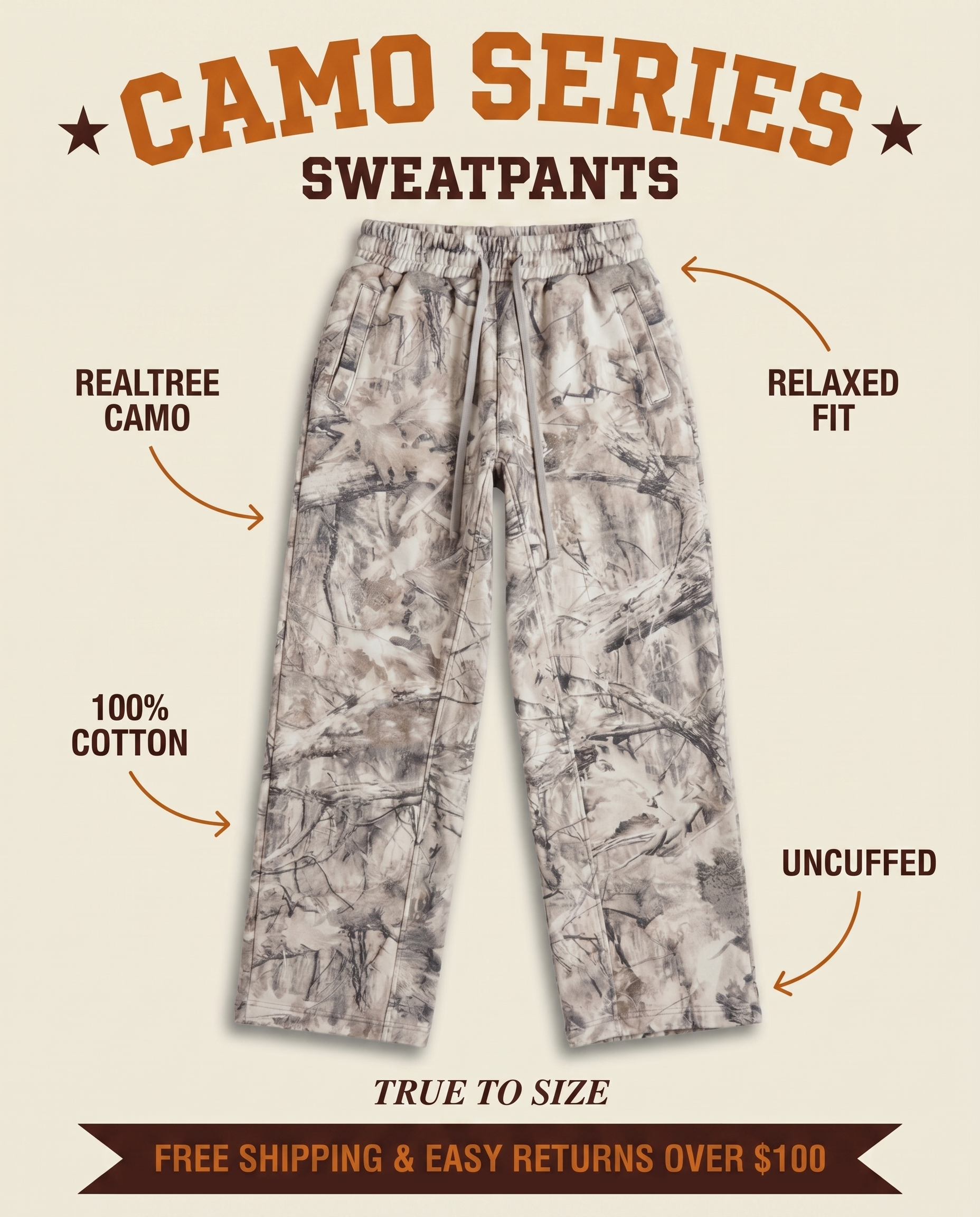 Camo Relaxed Fit Sweatpants features: realtree camo, 100% cotton, relaxed fit, uncuffed