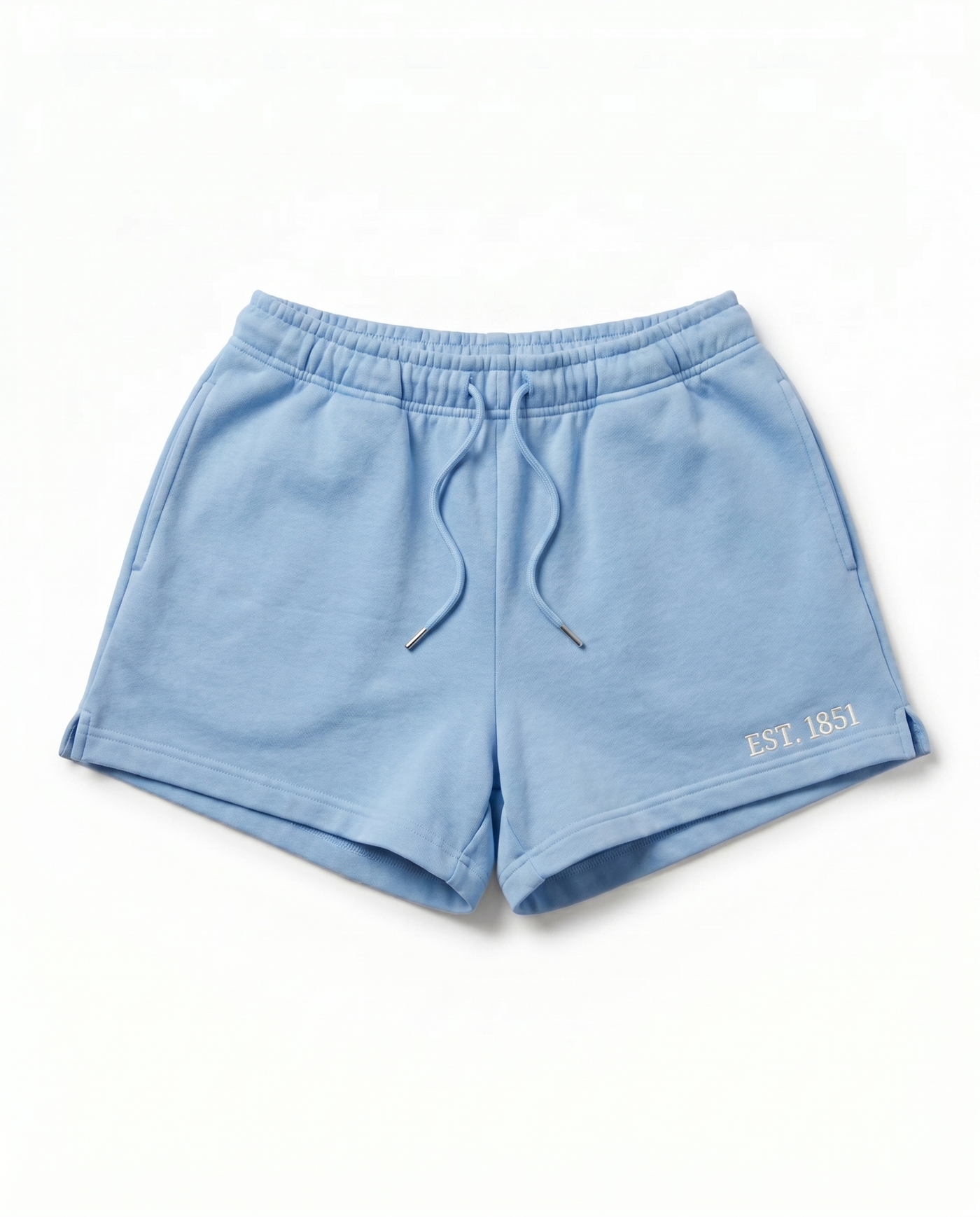 Alpha Delta Pi Shorts front - azure blue sorority sweat shorts with EST. 1851 embroidery