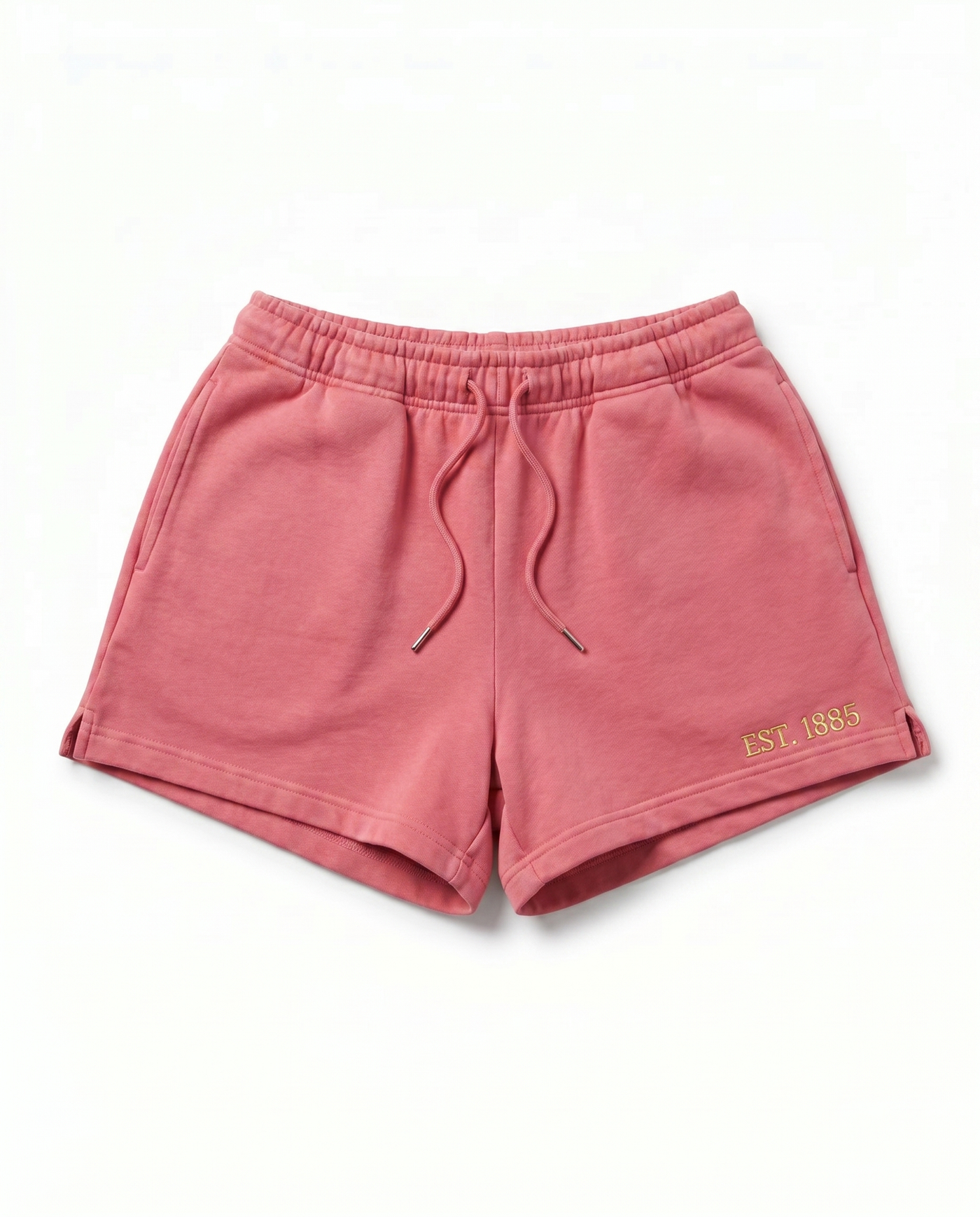 Alpha Chi Omega Shorts front - raspberry rose sorority sweat shorts with gold EST. 1885 embroidery