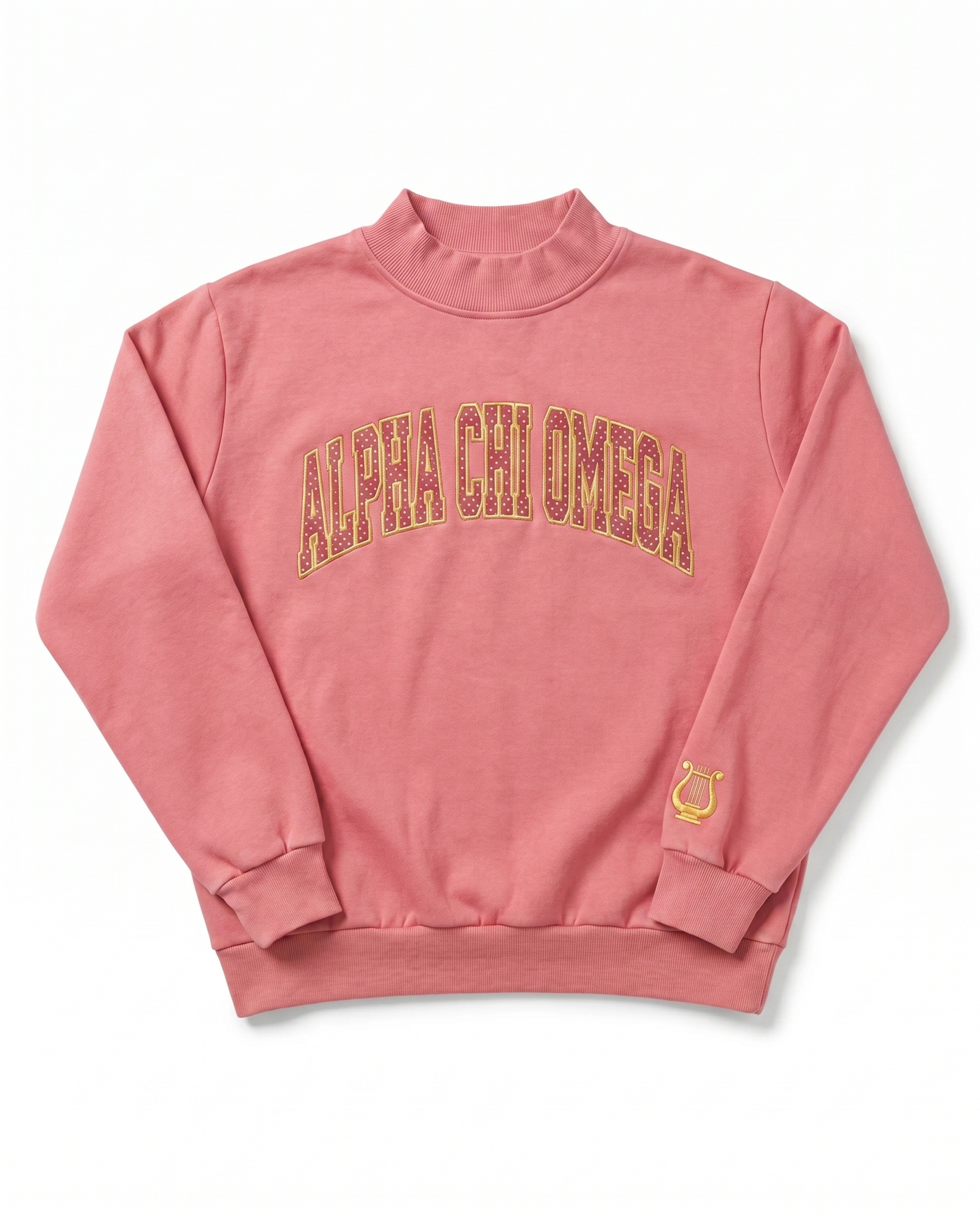 Alpha Chi Omega Mockneck Top front - raspberry rose sorority sweatshirt with ALPHA CHI OMEGA patch embroidery