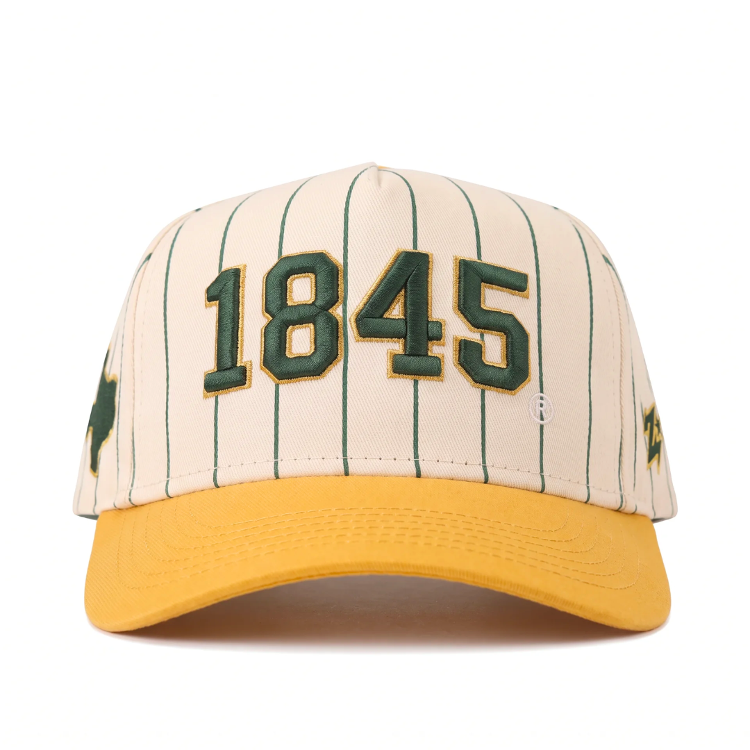 Baylor 1845 Vintage Pinstripe Hat front view, cream pinstripe cap with green 3D 1845 embroidery and gold brim