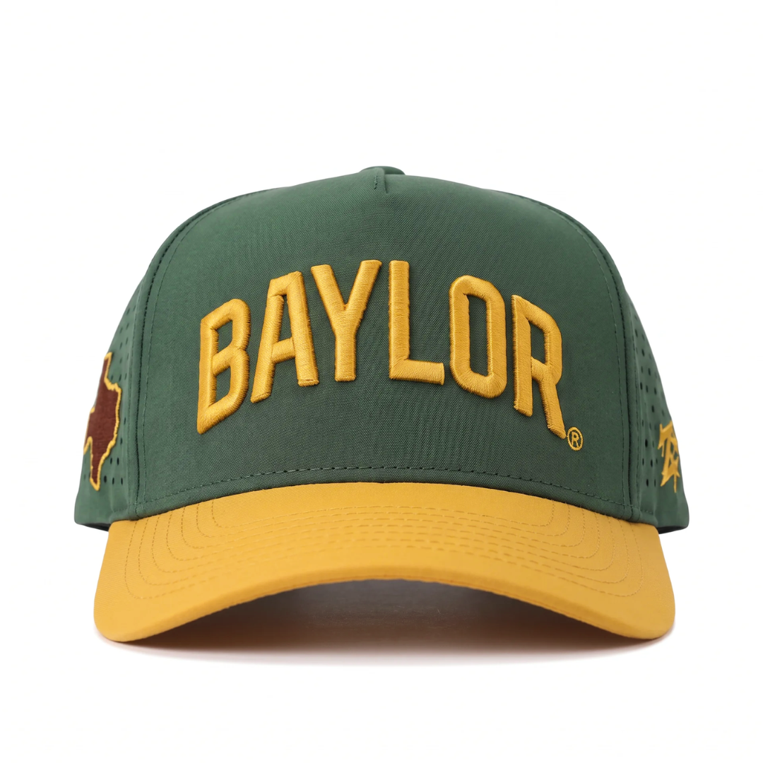 Baylor Classic Vintage Hat front view, green cap with gold 3D BAYLOR embroidery and gold curved brim