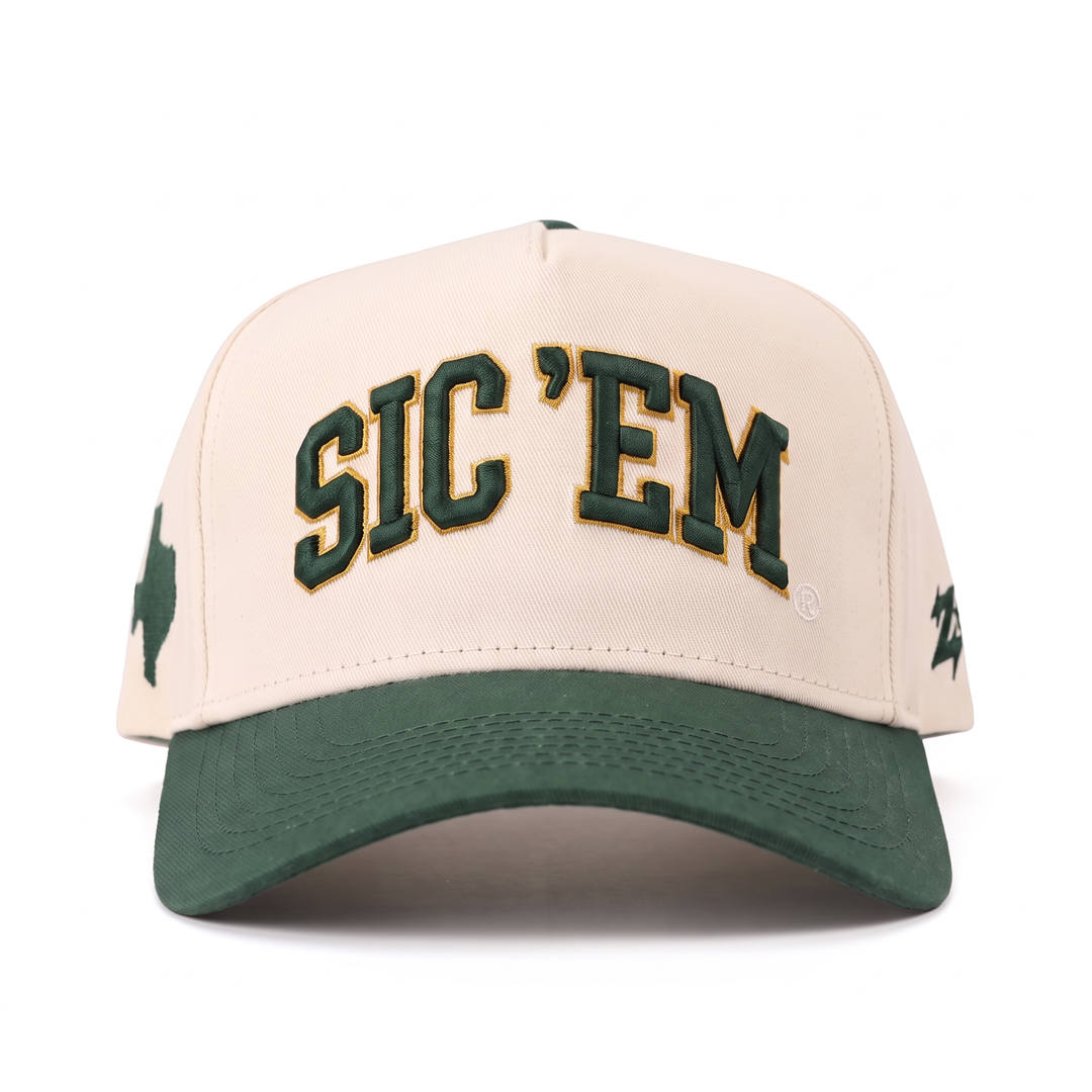 Baylor Sic 'Em Hat front view, cream cap with green and gold 3D SIC 'EM embroidery and forest green brim
