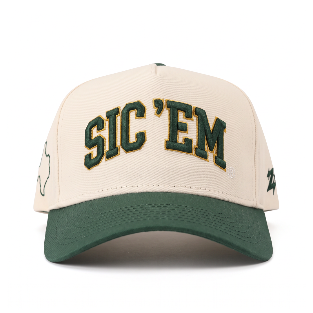 Baylor Sic 'Em Hat front view, cream cap with green and gold 3D SIC 'EM embroidery and forest green brim