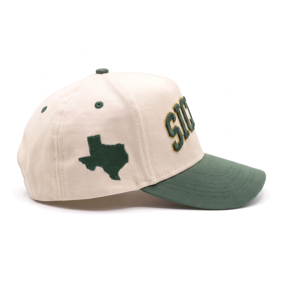 Baylor Sic 'Em hat side view with green filled Texas embroidery and forest green brim