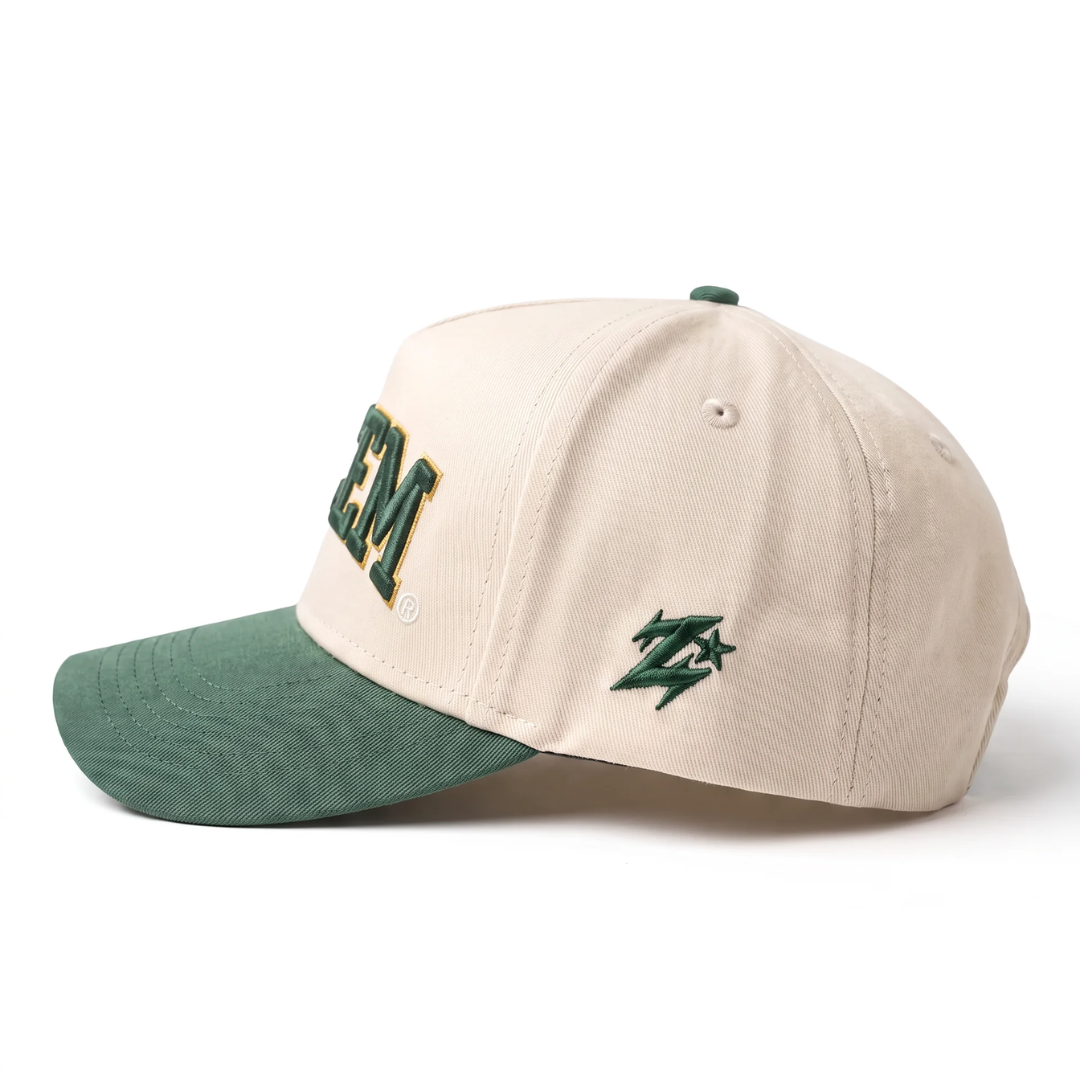 Baylor Sic 'Em hat side view with green Zoleado Z logo on cream twill