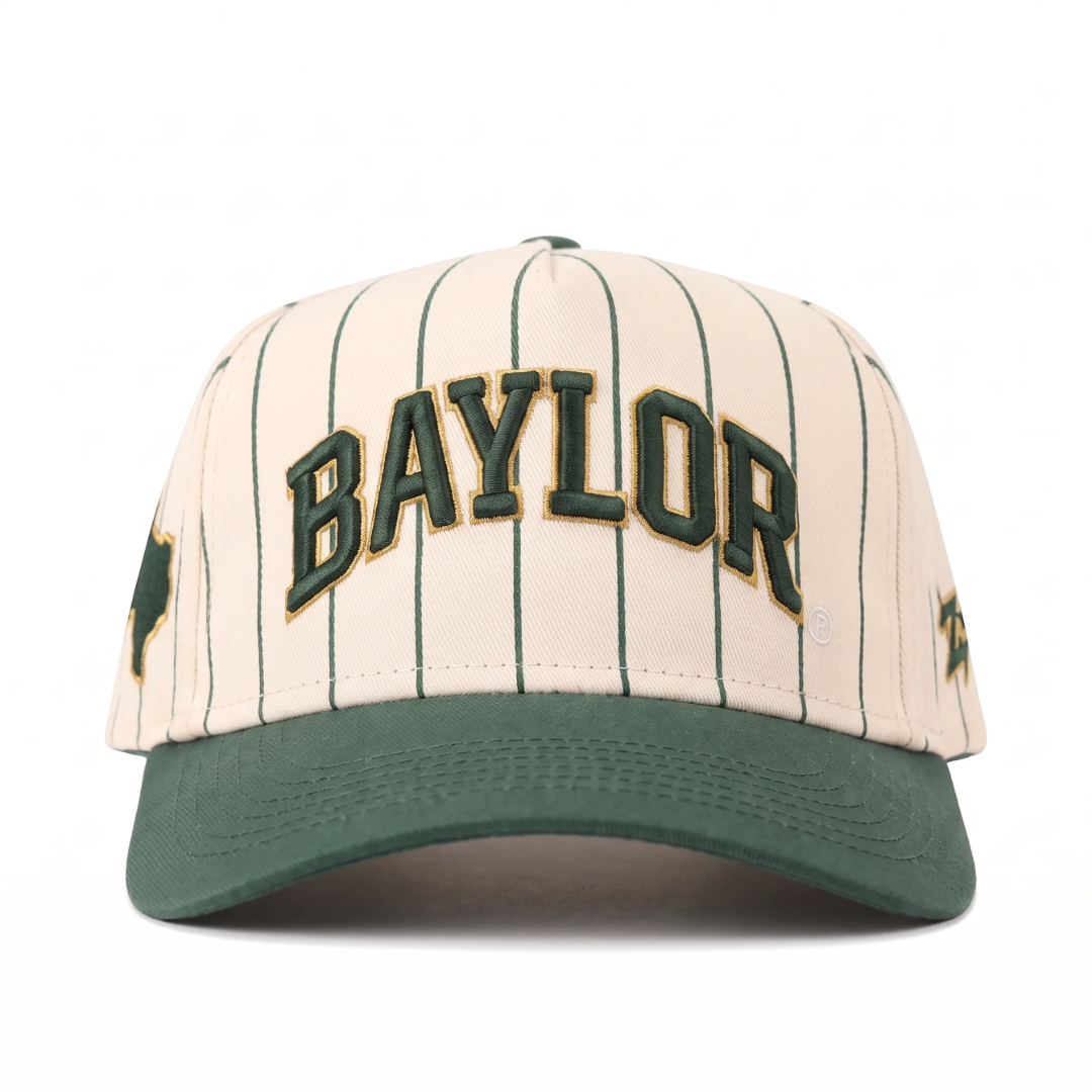 Baylor Vintage Pinstripe Hat front view, cream pinstripe cap with green 3D BAYLOR embroidery and green brim