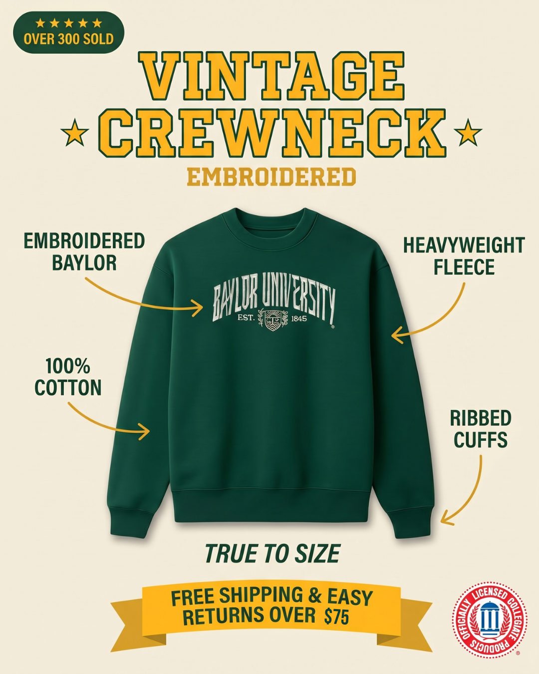 Baylor vintage crewneck features graphic — embroidered BAYLOR UNIVERSITY, heavyweight cotton fleece, ribbed cuffs, forest green