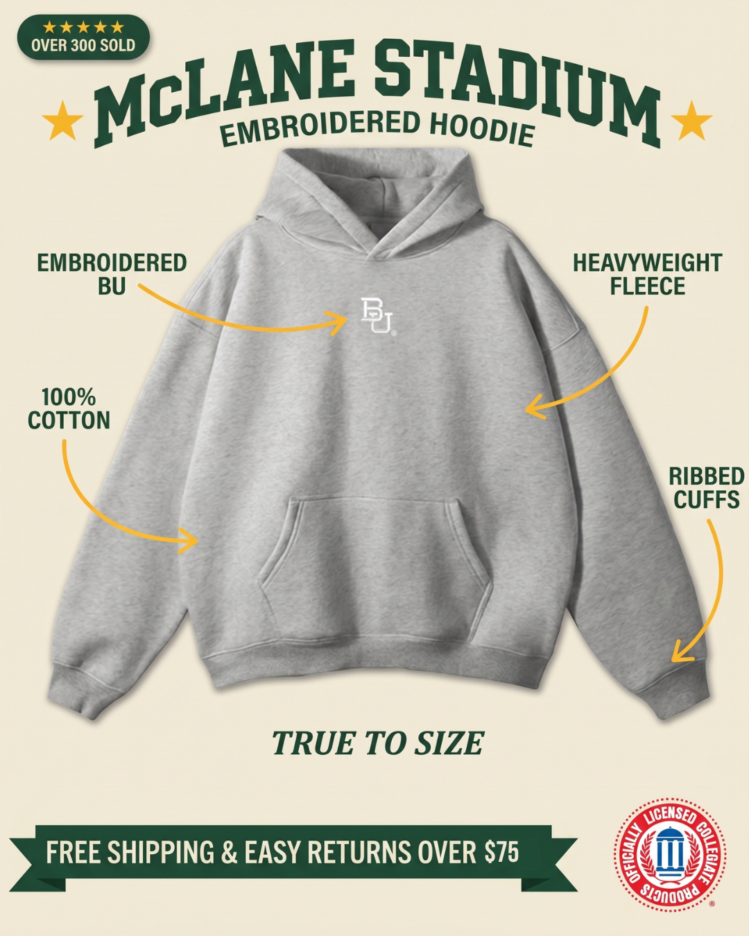 Baylor McLane Stadium hoodie features graphic — embroidered BU, heavyweight 400 GSM 100% cotton fleece, ribbed cuffs, gray oatmeal