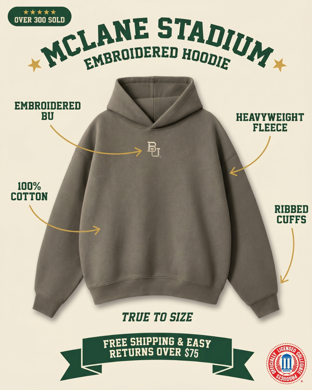 Baylor McLane Stadium hoodie features graphic — embroidered BU, heavyweight 400 GSM 100% cotton fleece, ribbed cuffs, olive green