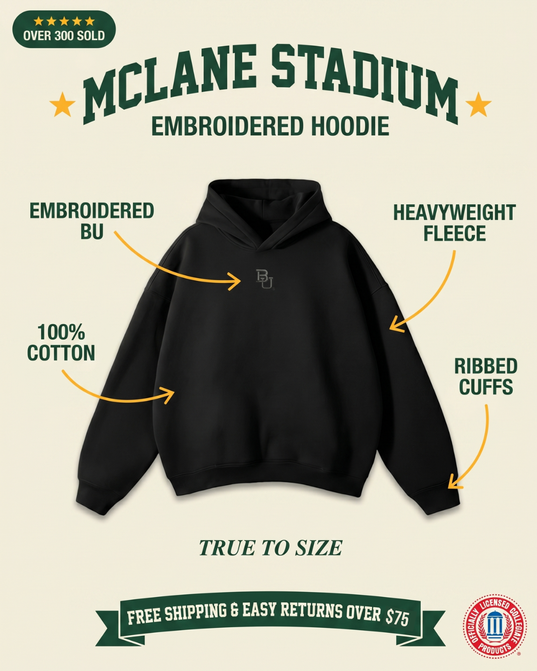 Baylor McLane Stadium hoodie features graphic — embroidered BU, heavyweight 400 GSM 100% cotton fleece, ribbed cuffs, black