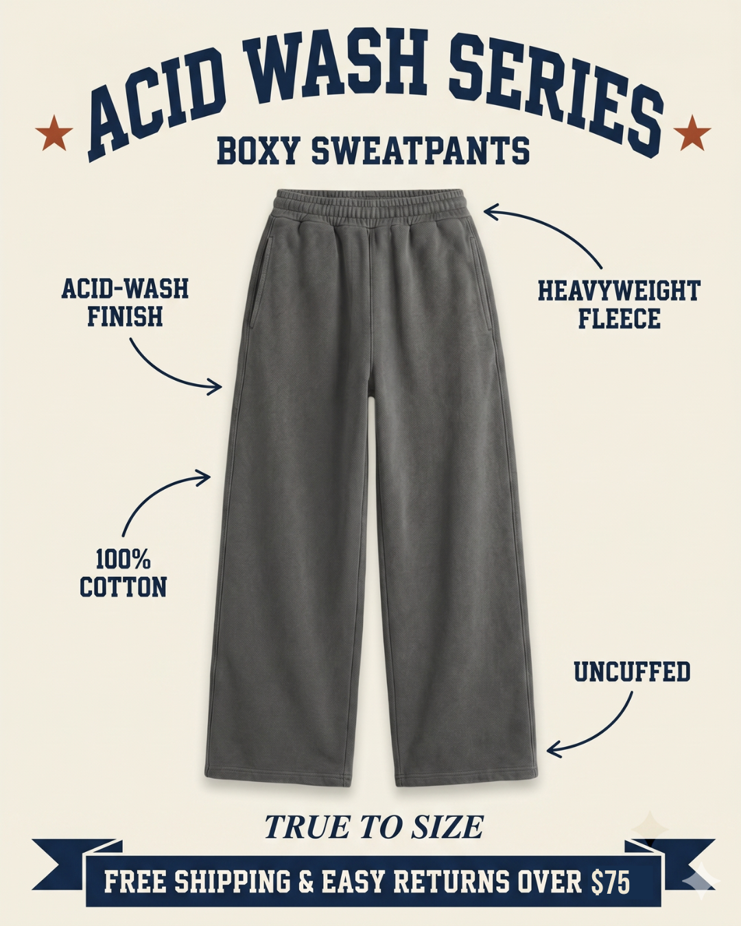 Acid Wash boxy sweatpants features graphic — acid-wash finish, heavyweight 100% cotton fleece, uncuffed wide leg, gray