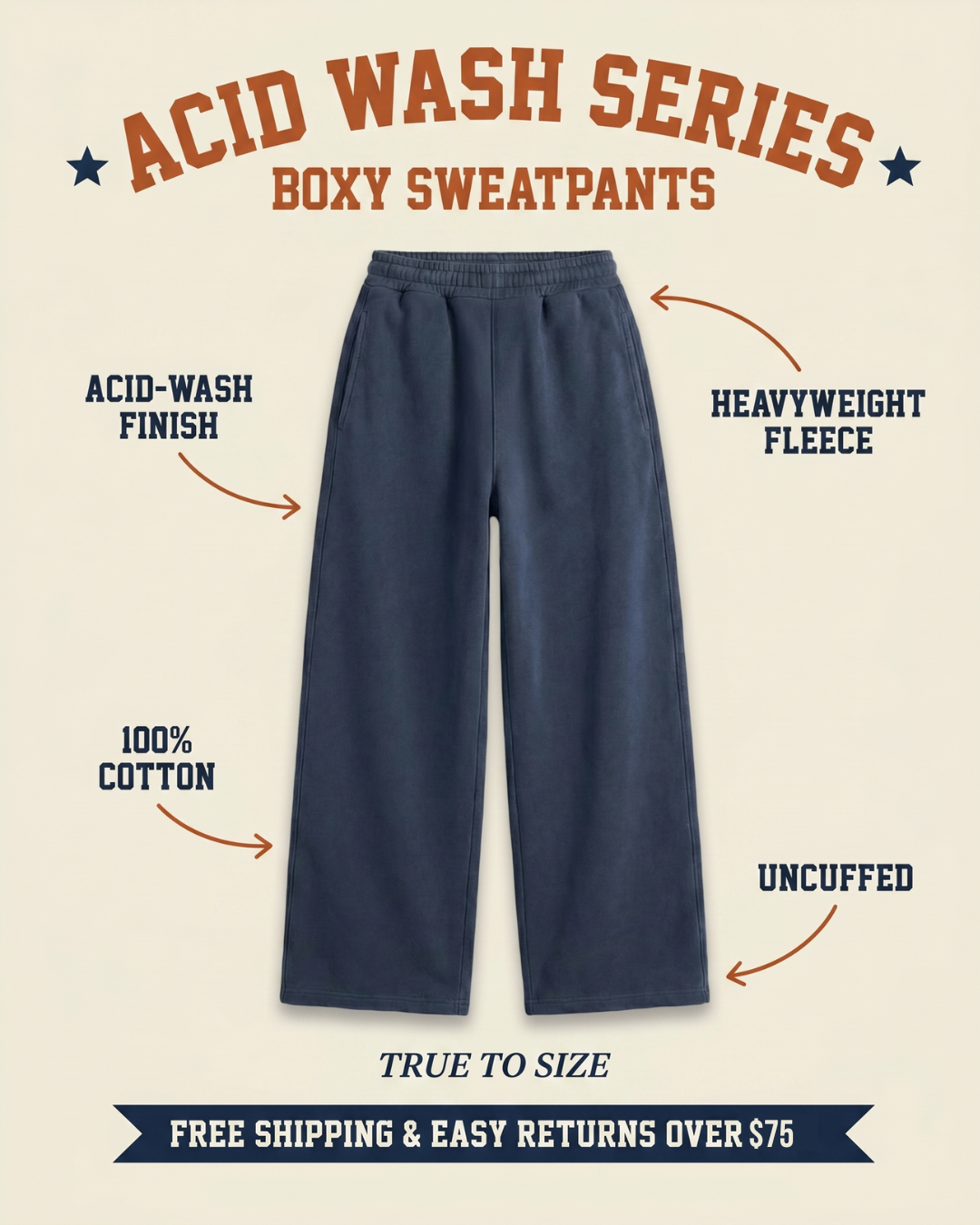 Acid Wash boxy sweatpants features graphic — acid-wash finish, heavyweight 100% cotton fleece, uncuffed wide leg, blue