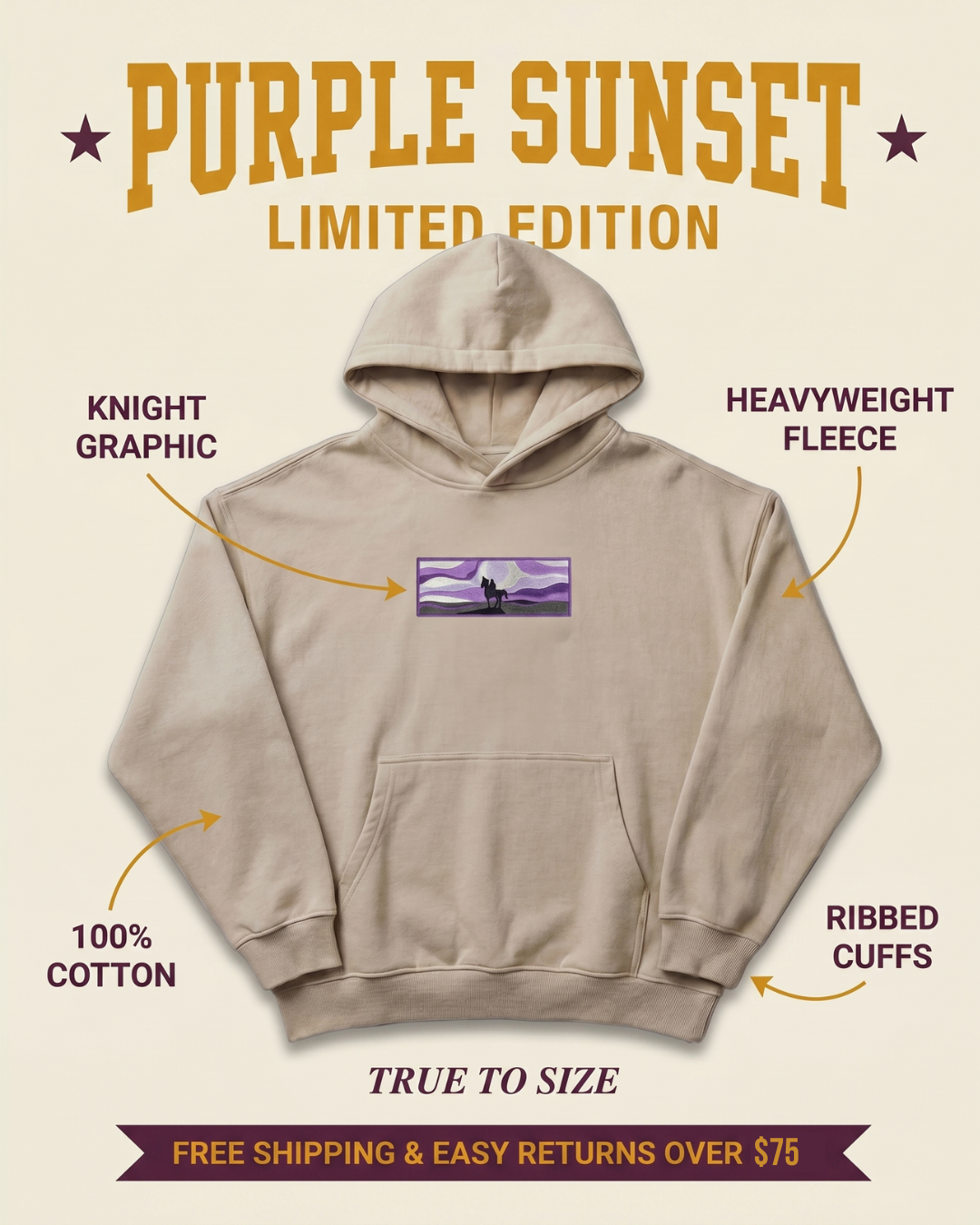 Purple Sunset Hoodie details — free shipping over $75