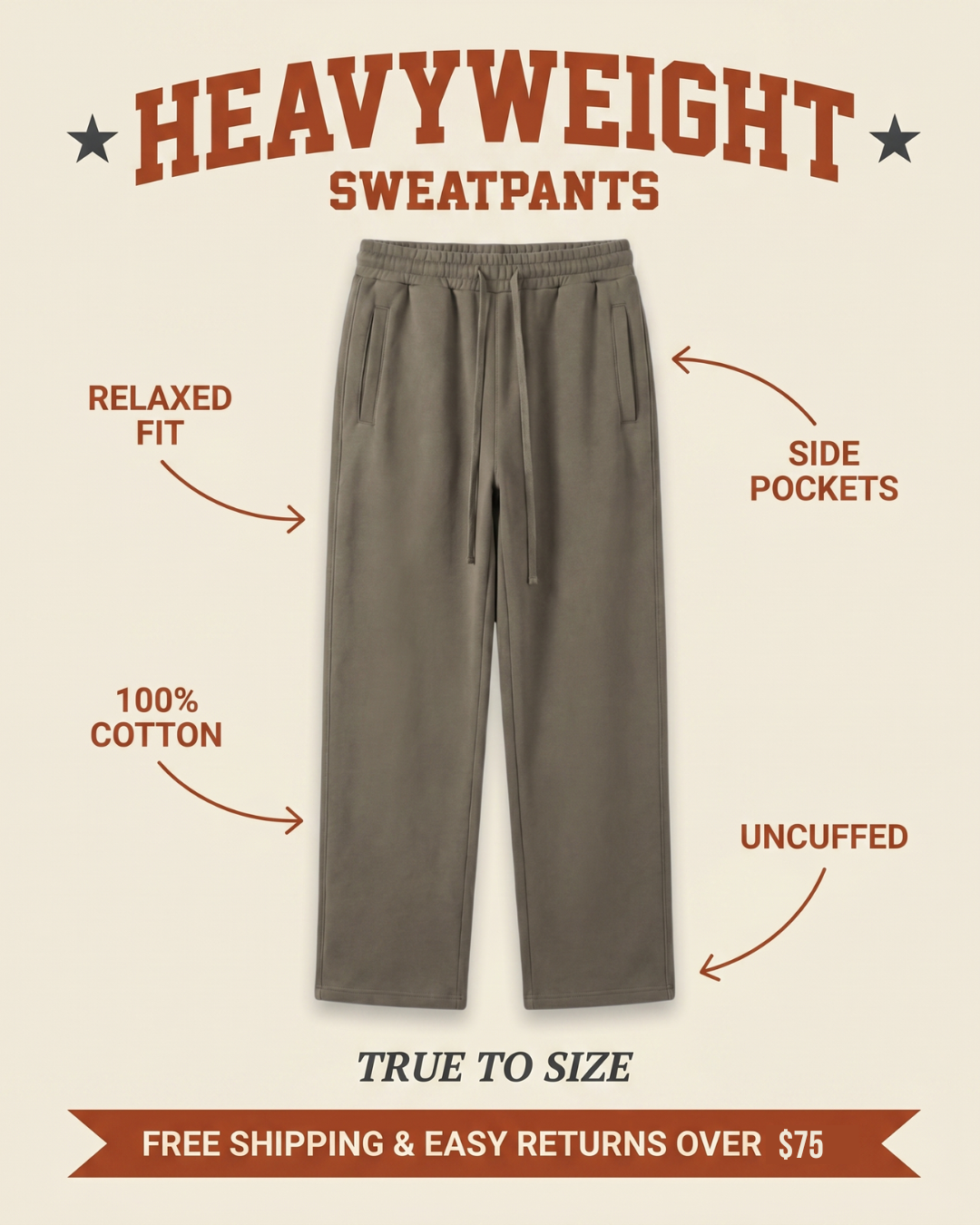 Premium heavyweight sweatpants features graphic — relaxed straight-leg fit, 400 GSM 100% cotton, side pockets, brown