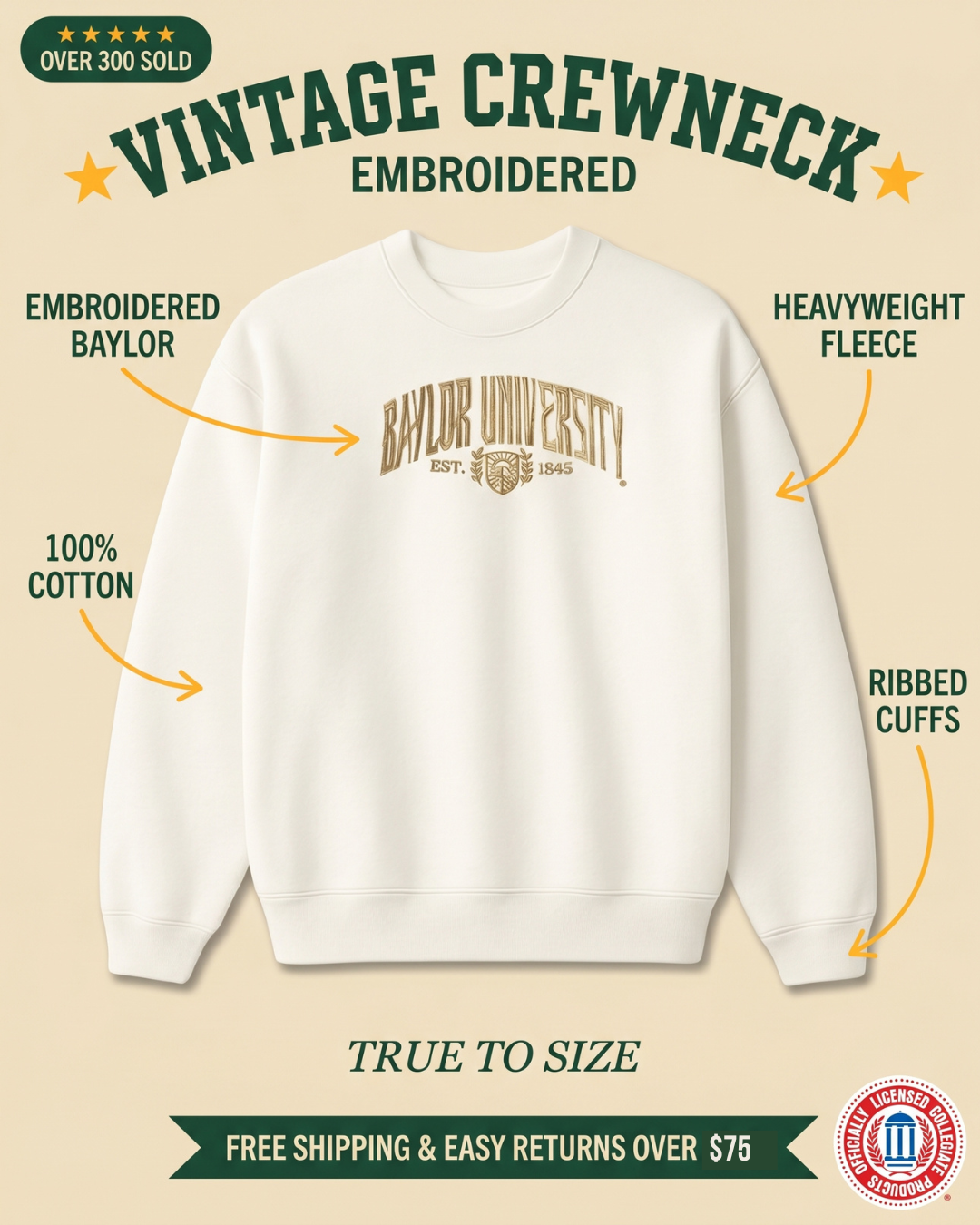 Baylor vintage crewneck features graphic — embroidered BAYLOR UNIVERSITY, heavyweight cotton fleece, ribbed cuffs, white