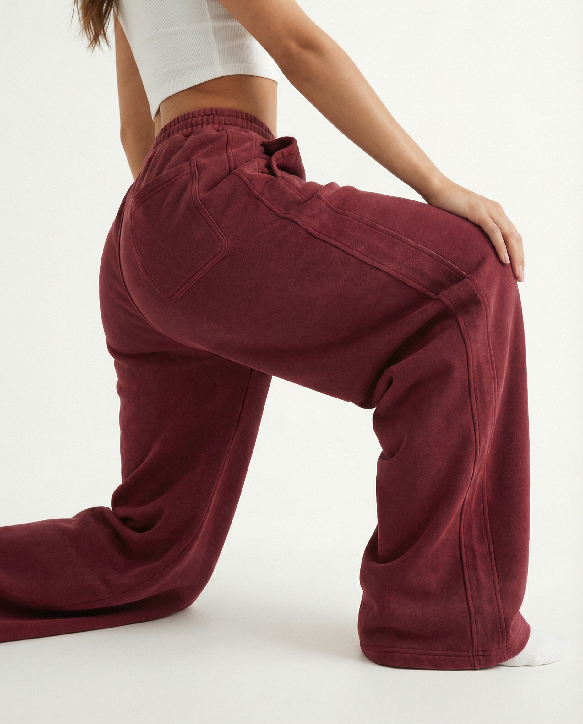 Crimson red acid wash wide-leg sweatpants, relaxed boxy fit