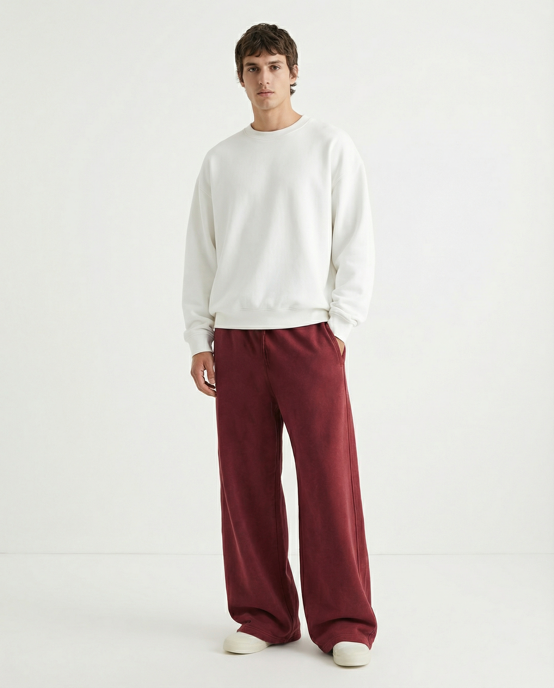 Crimson red acid wash sweatpants — heavyweight cotton, boxy fit