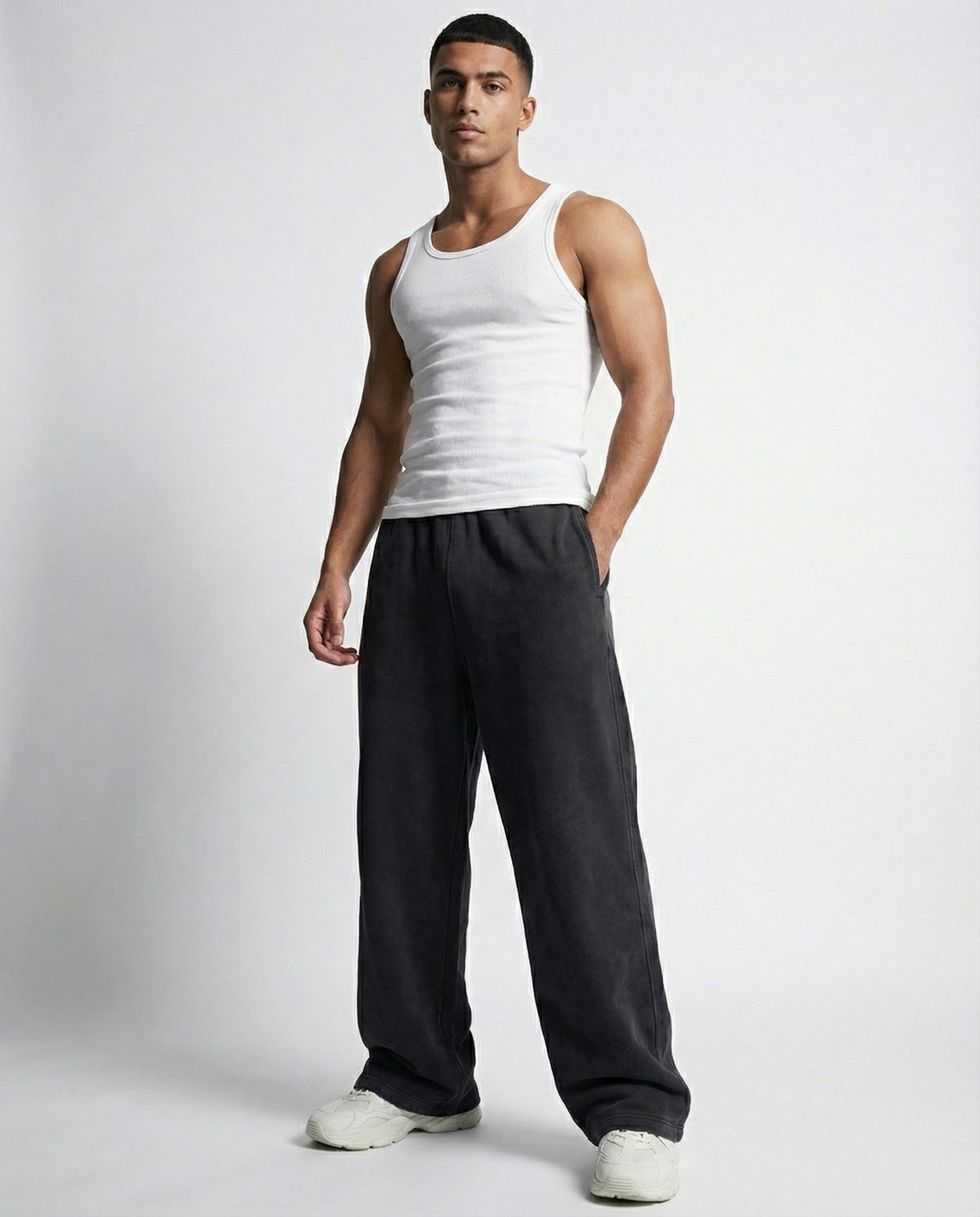 Black acid wash wide-leg sweatpants, relaxed boxy fit