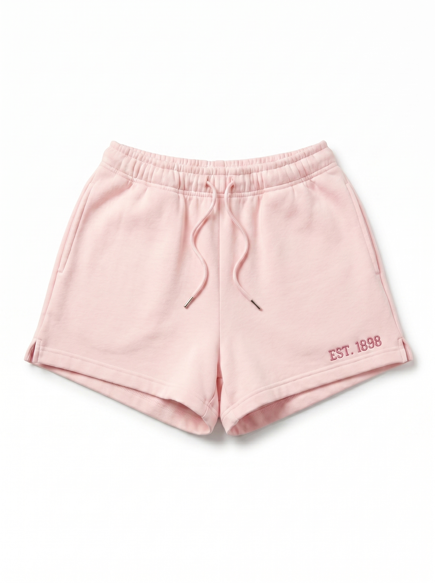 Zeta Shorts front - blush pink Zeta Tau Alpha sorority sweat shorts with EST. 1898 embroidery and drawstring elastic waist