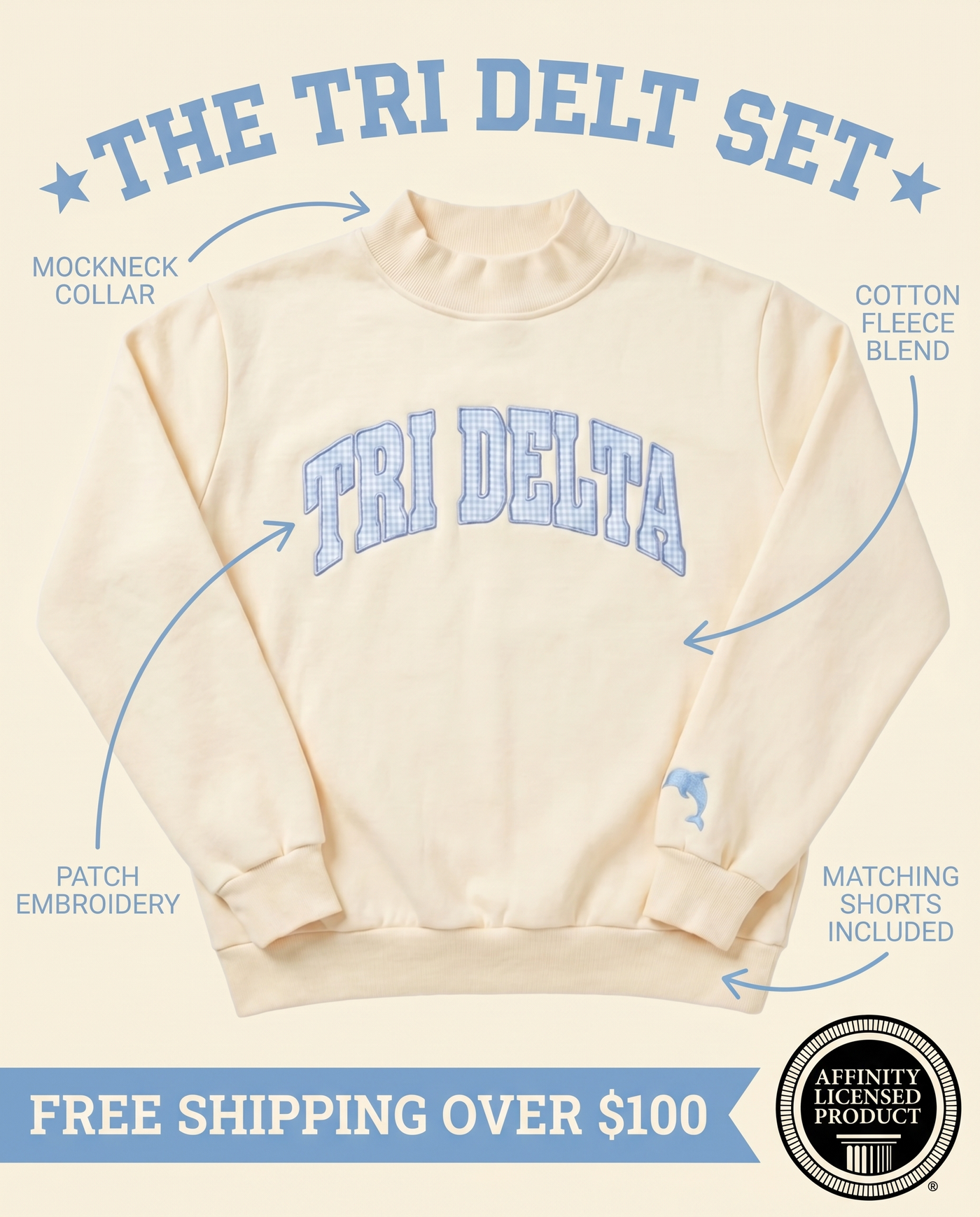 Tri Delt Set features: mockneck collar, patch embroidery, cotton fleece blend, Affinity Licensed Product