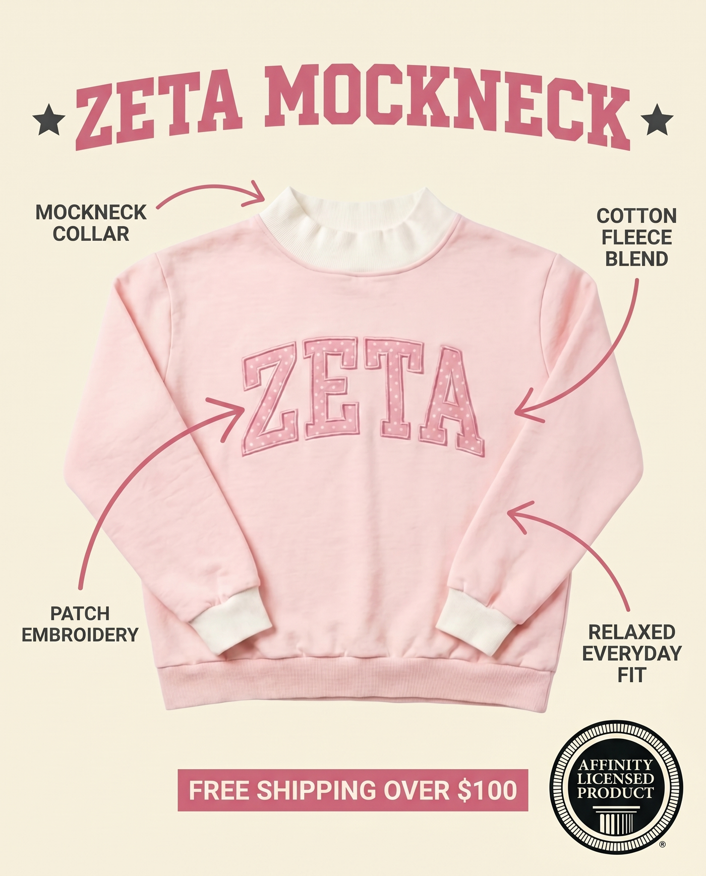 Zeta Mockneck features: mockneck collar, patch embroidery, cotton fleece blend, Affinity Licensed Product