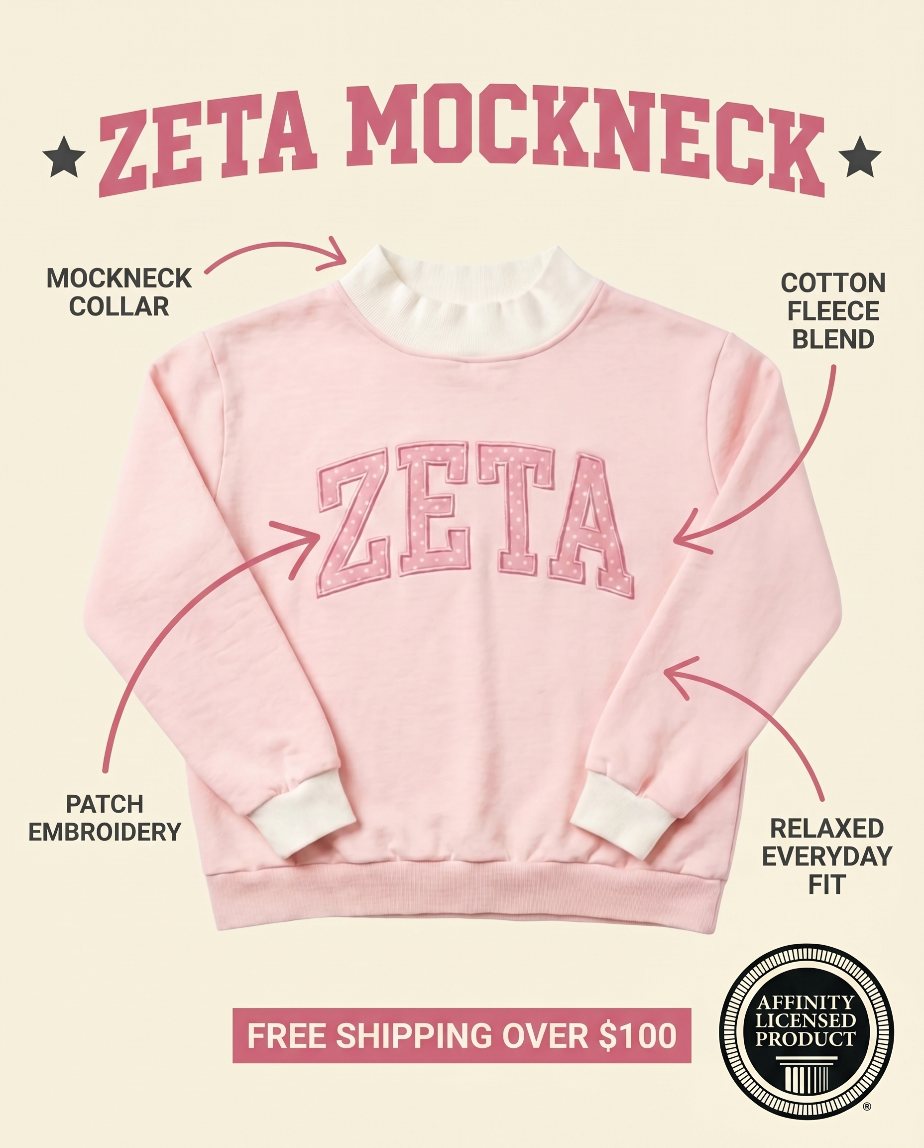 Zeta set features: mockneck collar, patch embroidery, cotton fleece blend, Affinity Licensed Product