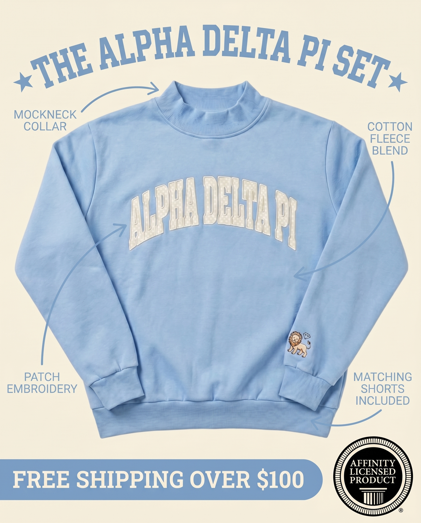 Alpha Delta Pi Mockneck Set features - mockneck collar, cotton fleece blend, patch embroidery, matching shorts, Affinity Licensed