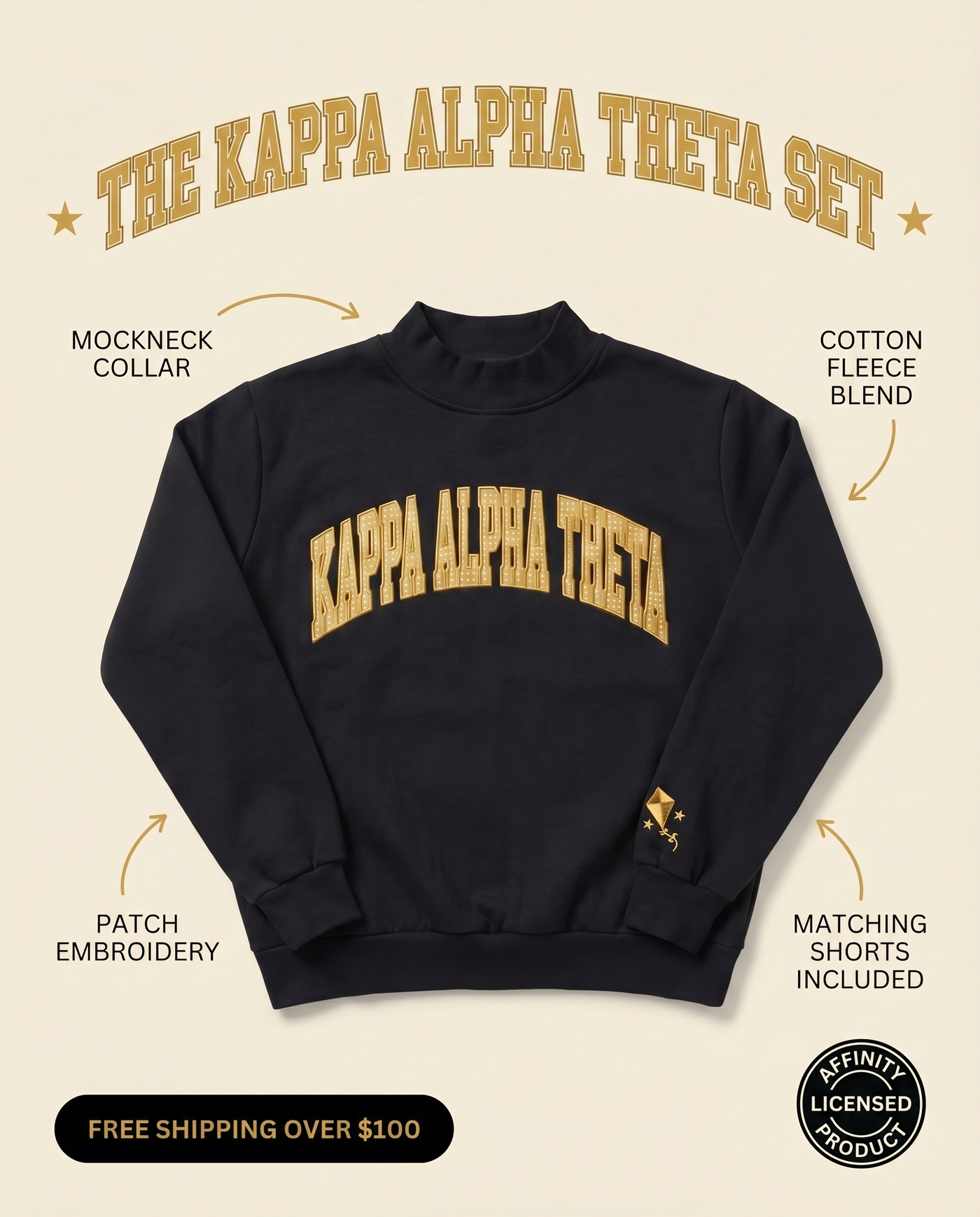 Kappa Alpha Theta Mockneck Set features - mockneck collar, cotton fleece blend, patch embroidery, matching shorts, Affinity Licensed