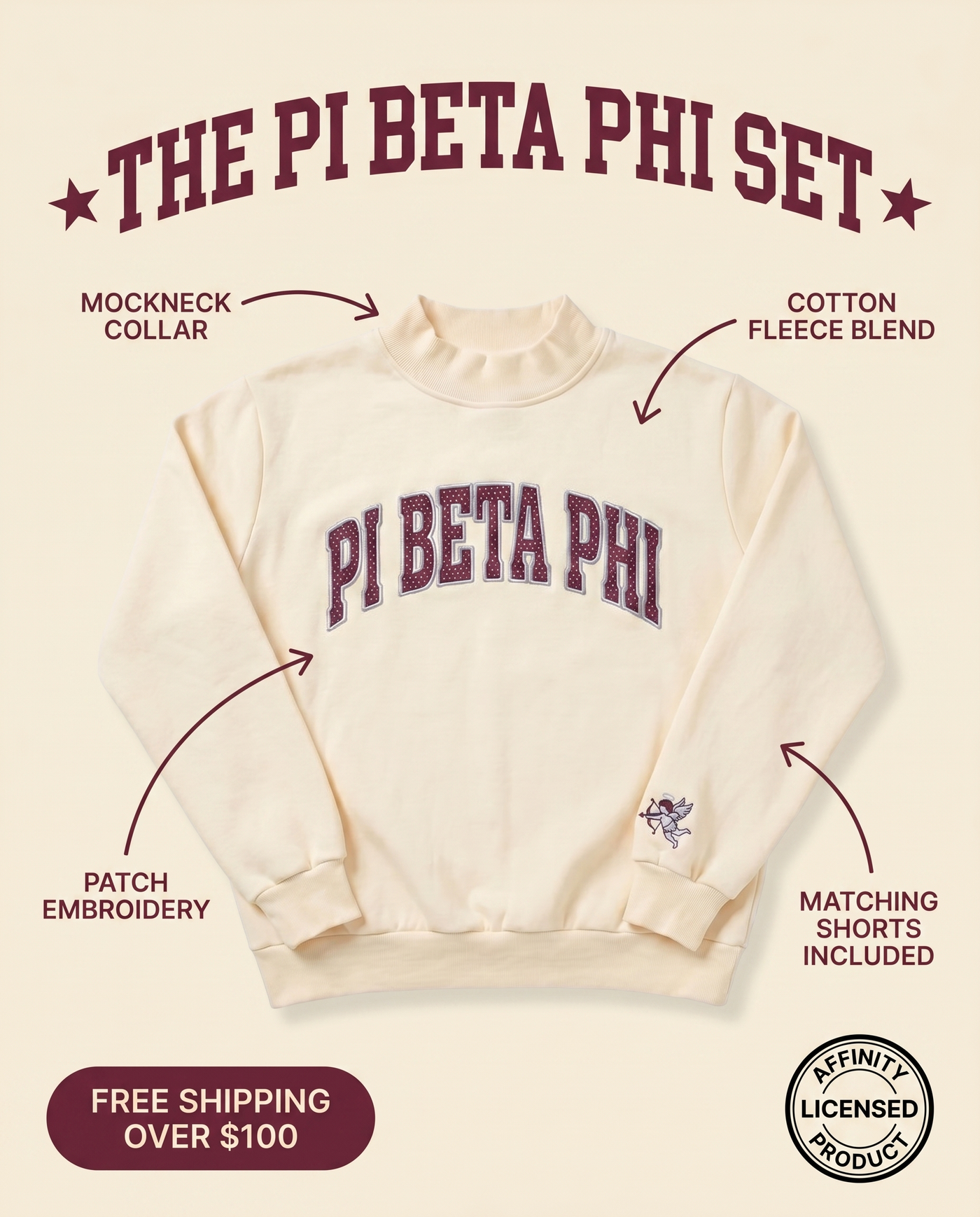 Pi Beta Phi Mockneck Set features - mockneck collar, cotton fleece blend, patch embroidery, matching shorts, Affinity Licensed