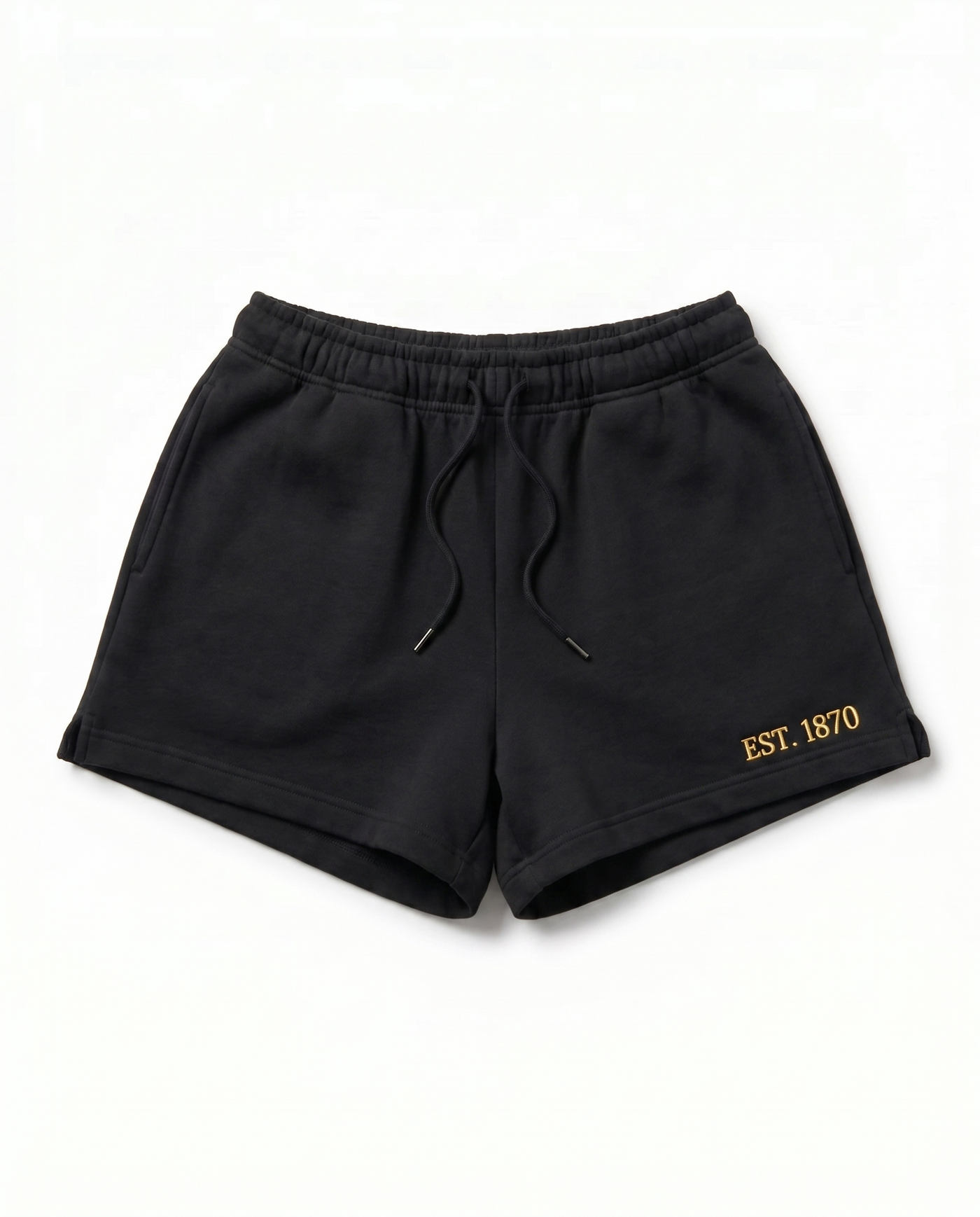 Kappa Alpha Theta Shorts front - black sorority sweat shorts with gold EST. 1870 embroidery