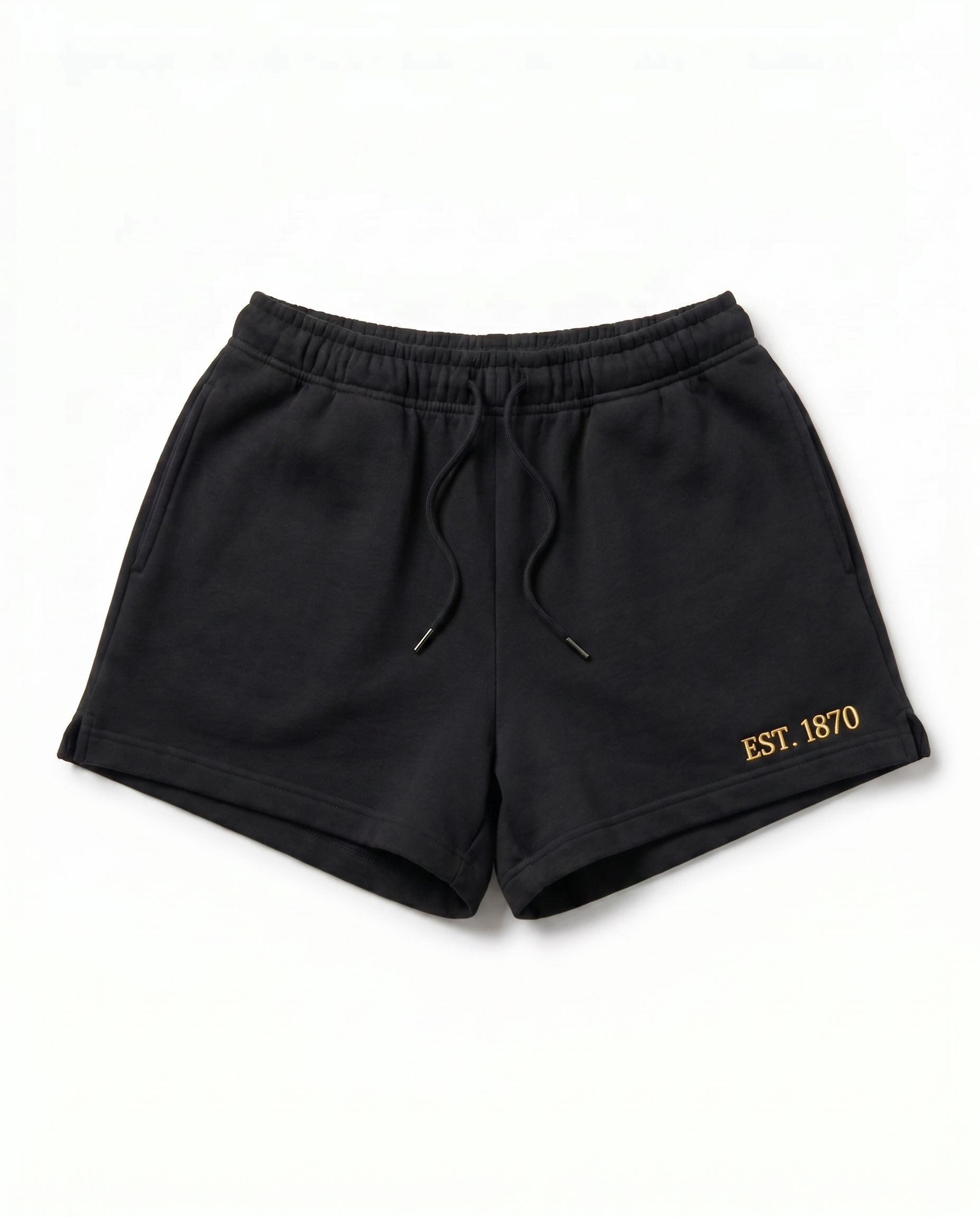 Kappa Alpha Theta Shorts front - black sorority sweat shorts with gold EST. 1870 embroidery
