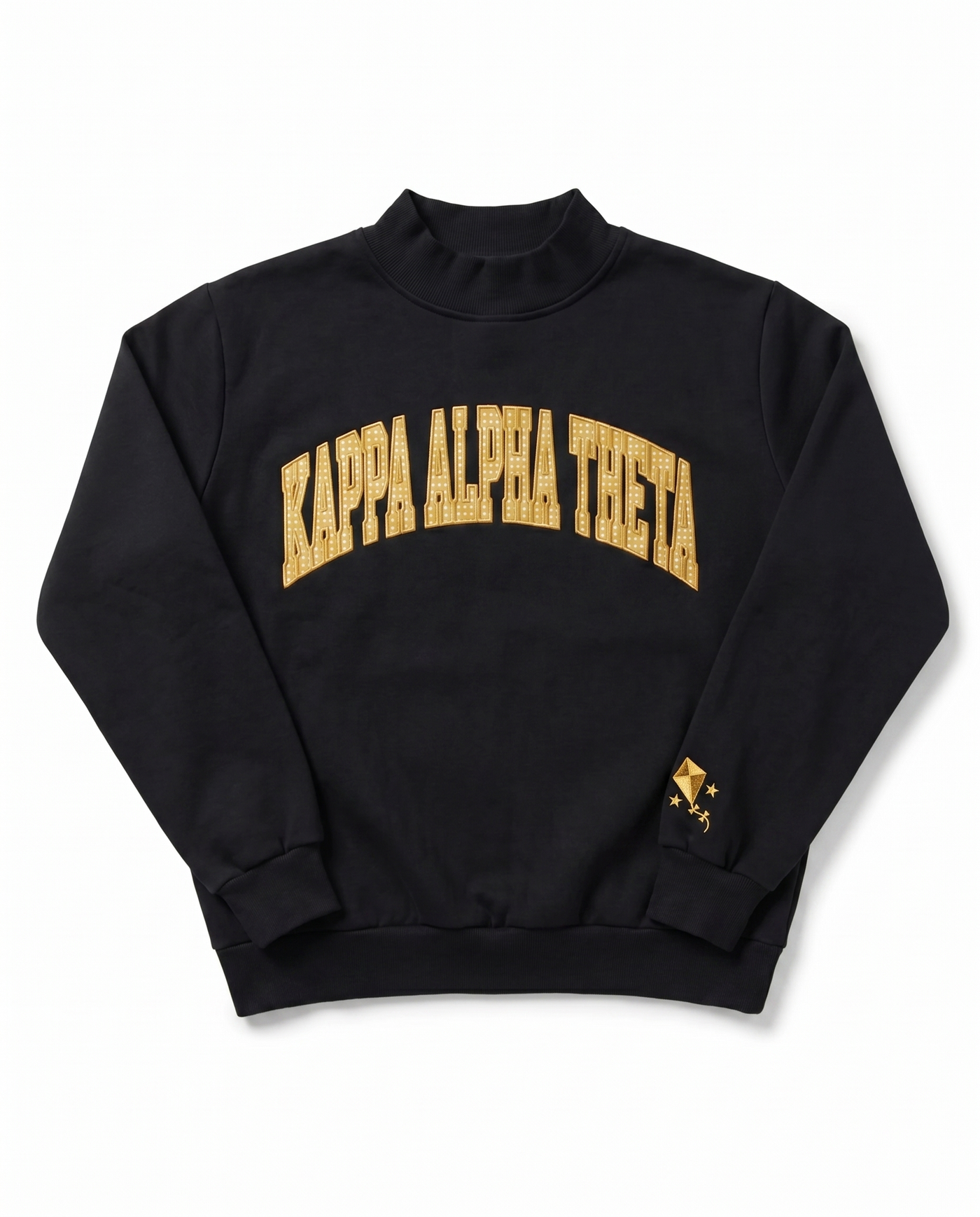 Kappa Alpha Theta Mockneck Top front - black sorority sweatshirt with gold KAPPA ALPHA THETA patch embroidery