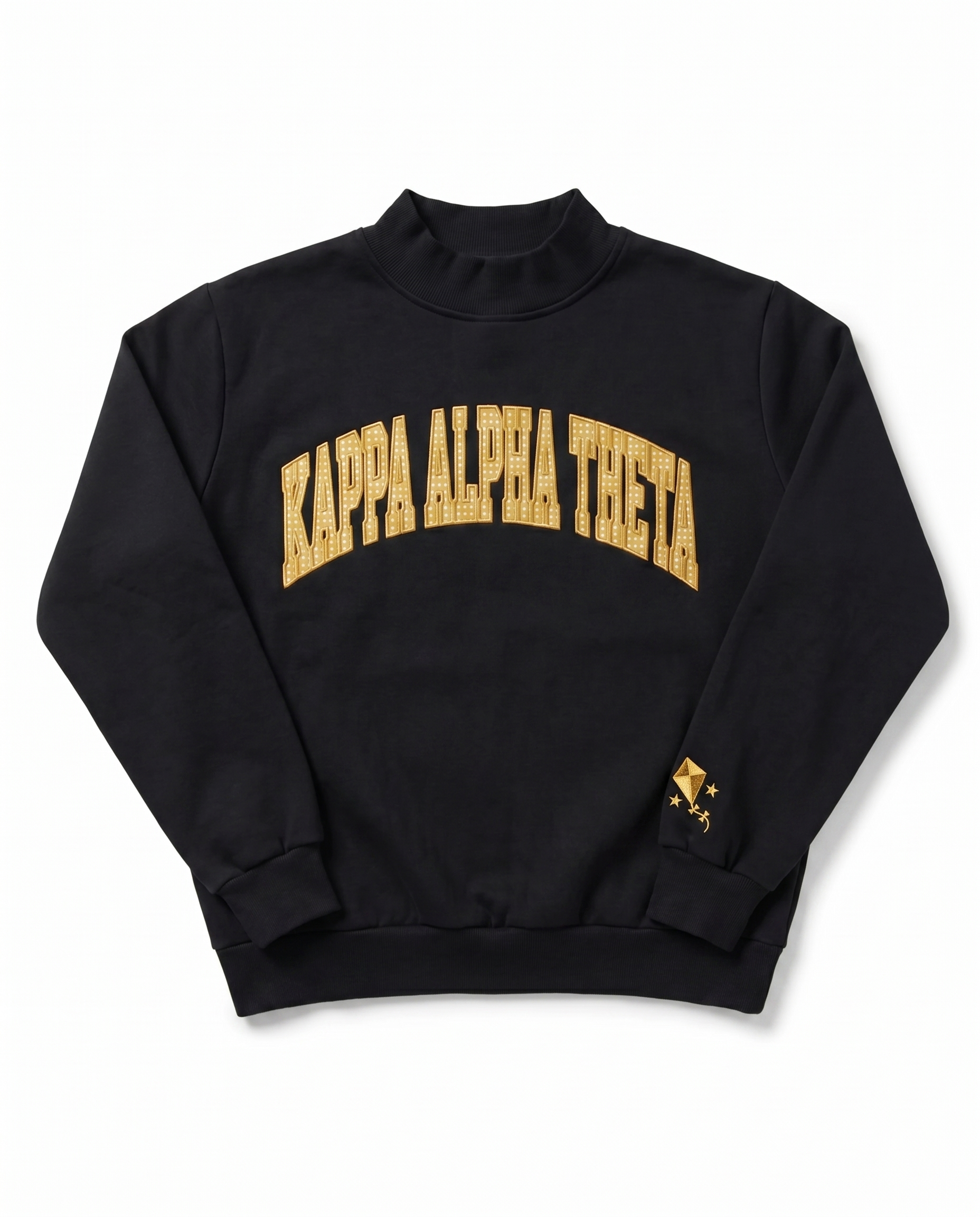 Kappa Alpha Theta Mockneck Top front - black sorority sweatshirt with gold KAPPA ALPHA THETA patch embroidery