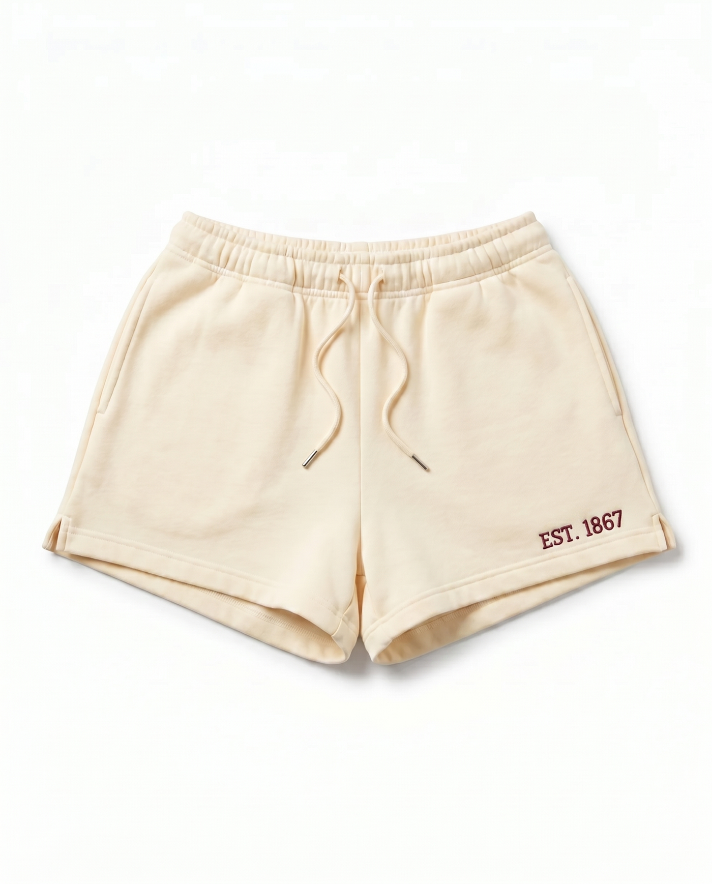 Pi Beta Phi Shorts front - cream sorority sweat shorts with wine EST. 1867 embroidery