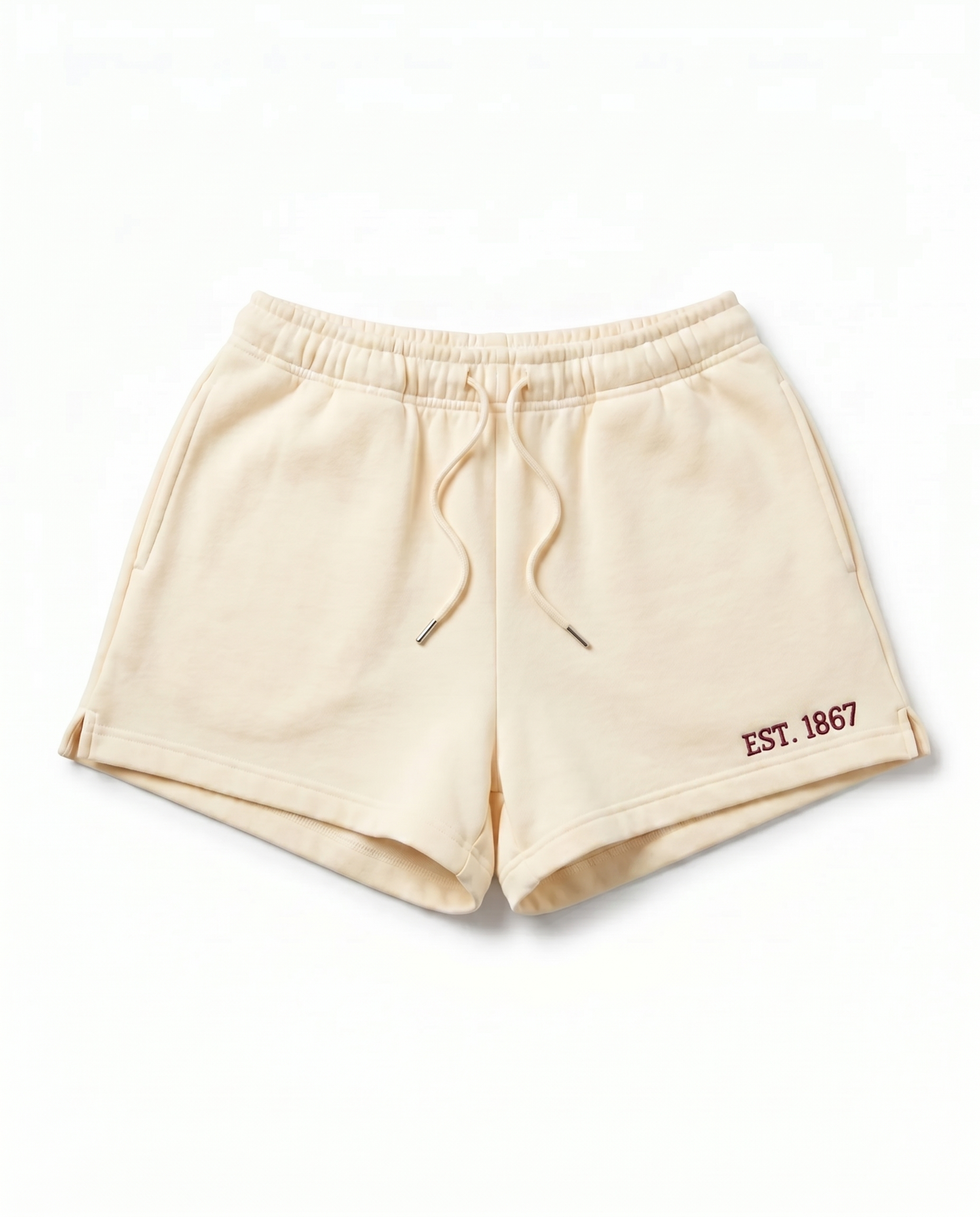 Pi Beta Phi Shorts front - cream sorority sweat shorts with wine EST. 1867 embroidery