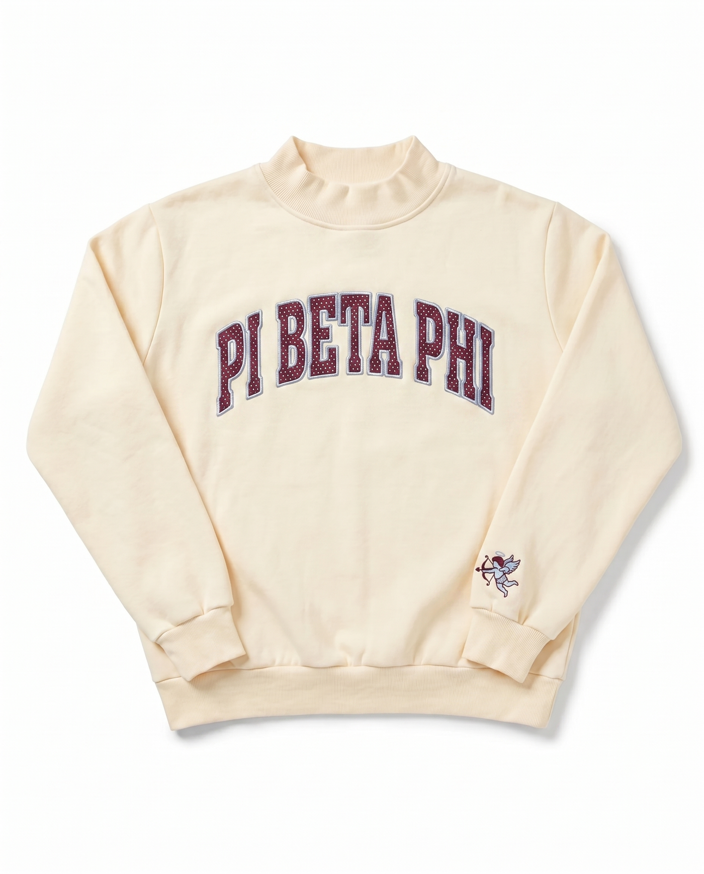 Pi Beta Phi Mockneck Top front - cream sorority sweatshirt with wine PI BETA PHI patch embroidery