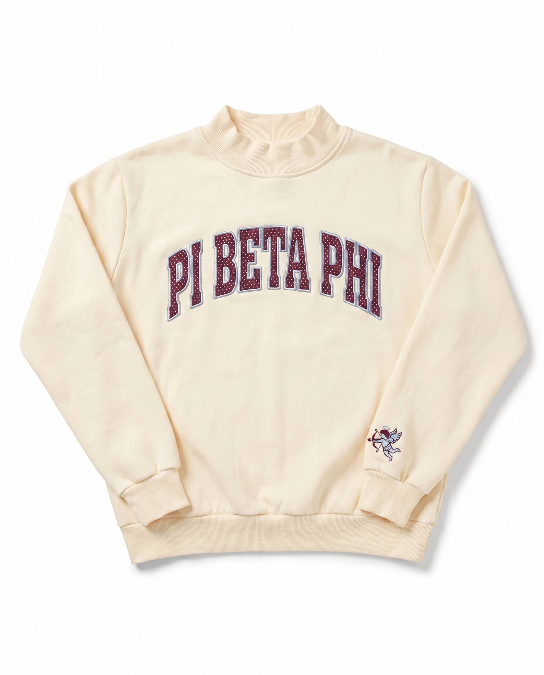 Pi Beta Phi Mockneck Top front - cream sorority sweatshirt with wine PI BETA PHI patch embroidery