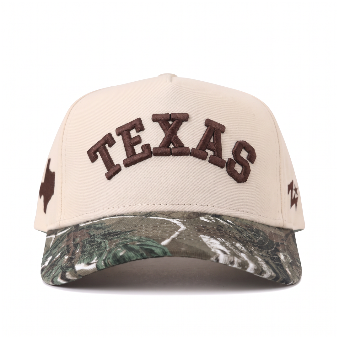 Texas Camo Hat Lone Star front, studio product photo on white background
